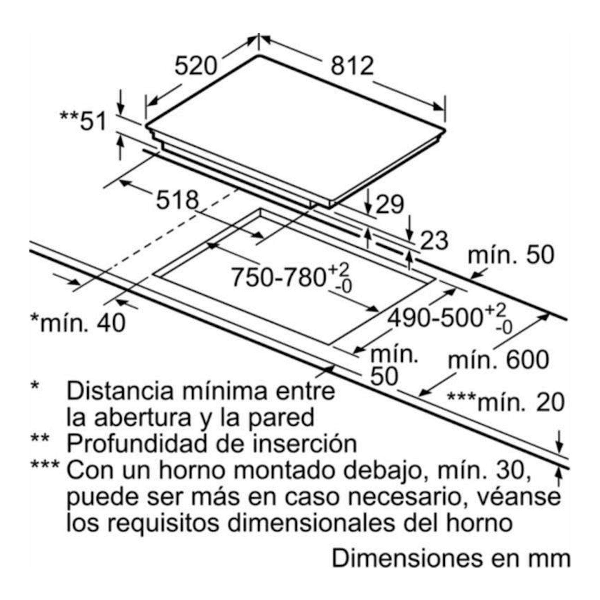 Diagrama técnico en blanco y negro de la placa de inducción Siemens EX875LEC1E, vista isométrica con medidas en mm.