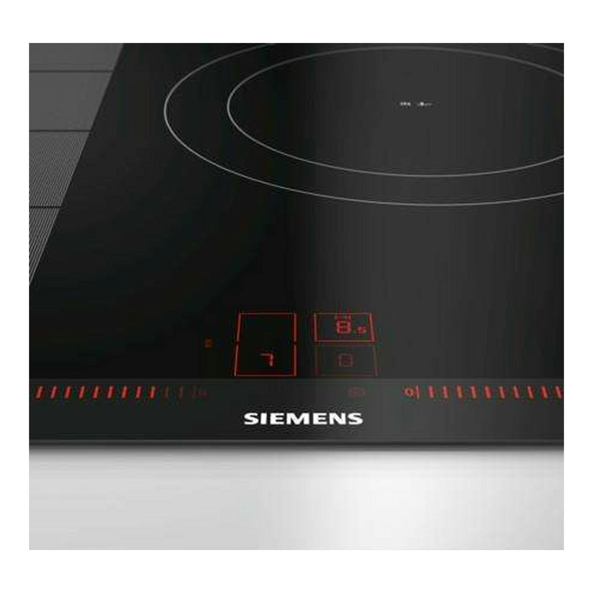 Placa de inducción Siemens EX875LEC1E negra, vista frontal, con mandos táctiles rojos y zona de cocción circular.