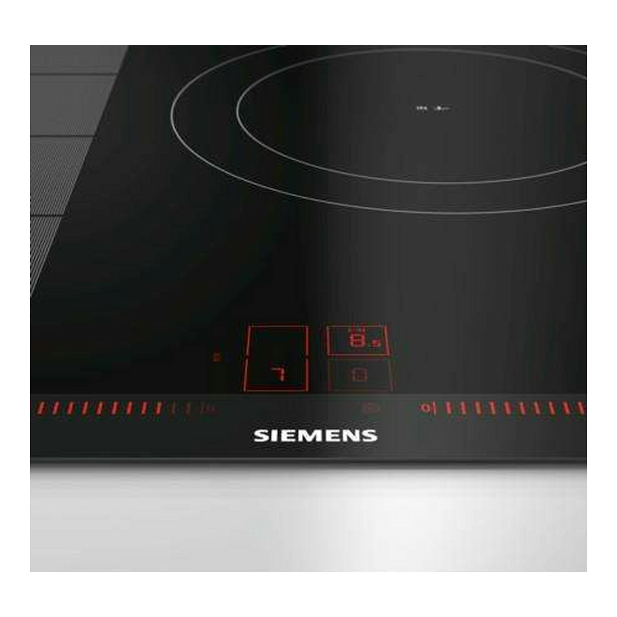 Placa de inducción Siemens EX875LEC1E negra, vista frontal, con mandos táctiles rojos y zona de cocción circular.
