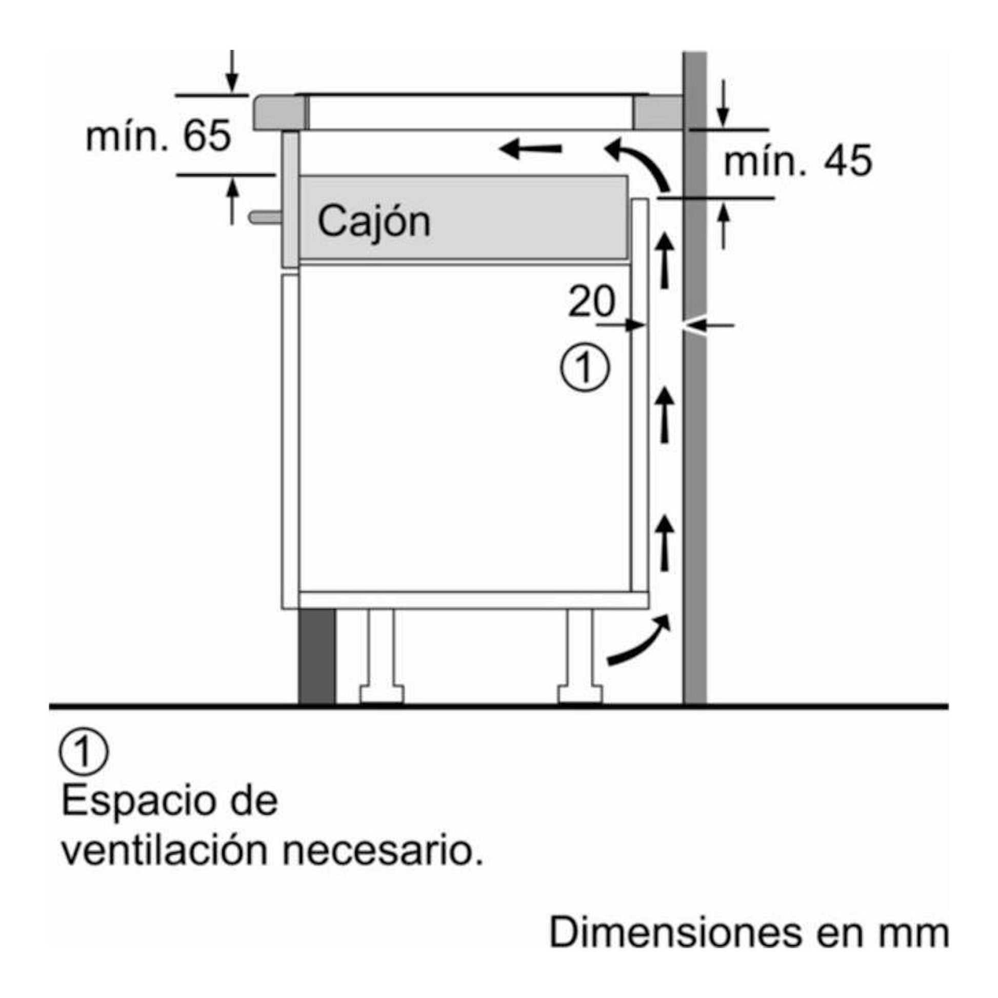 Diagrama técnico de instalación de placa de inducción Siemens EX875LEC1E, con cajón y espacio de ventilación.