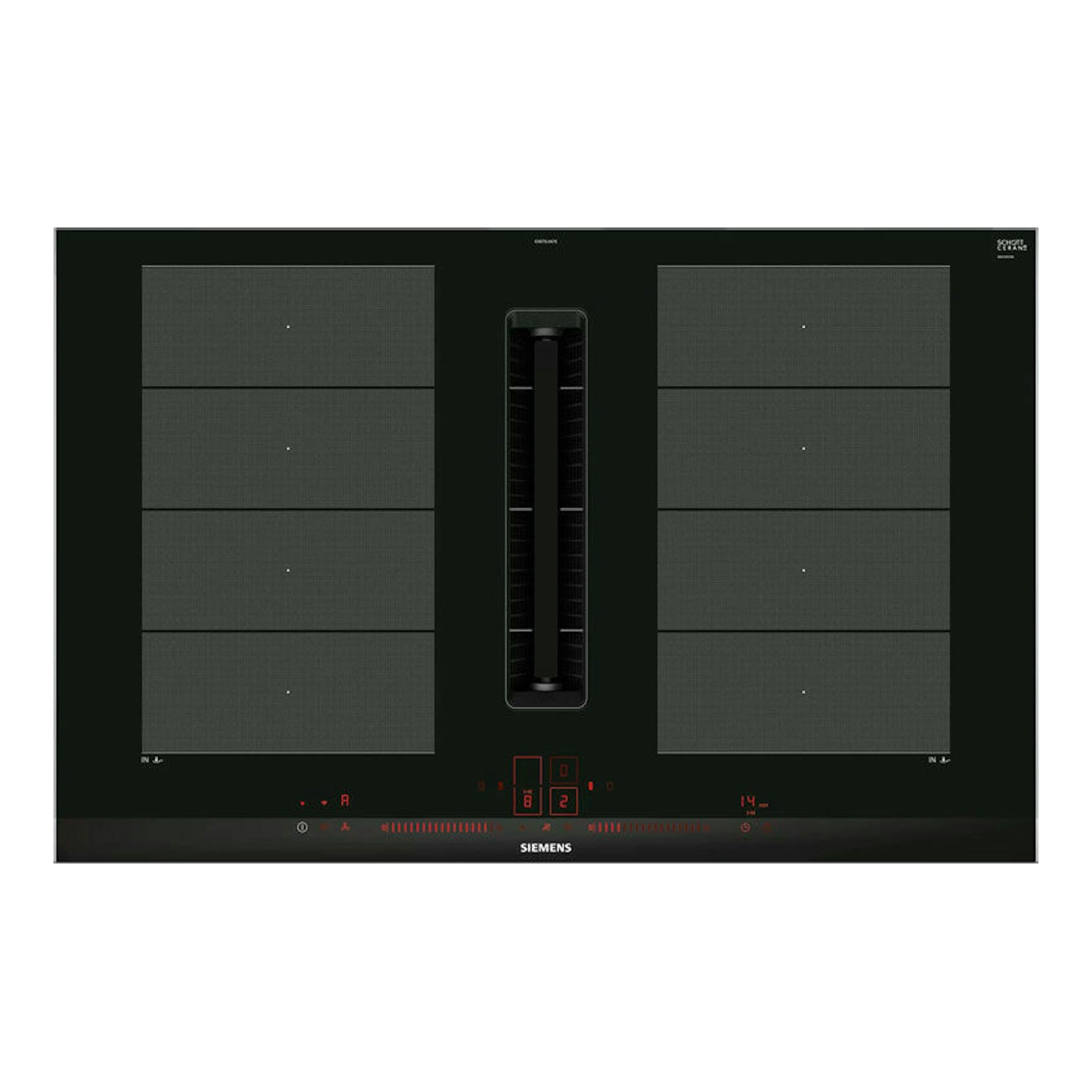Placa de inducción Siemens EX875LX67E negra, vista cenital, con extractor central integrado.