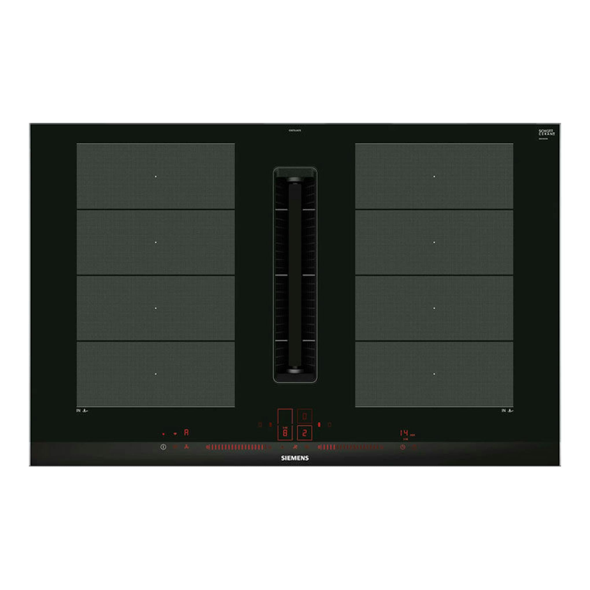 Placa de inducción Siemens EX875LX67E negra, vista cenital, con extractor central integrado.