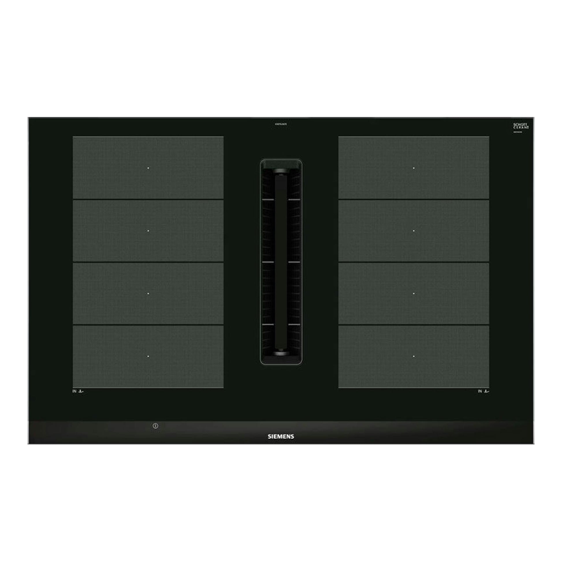 Placa de inducción Siemens EX875LX67E negra, vista frontal, con extractor central y cuatro zonas de cocción.