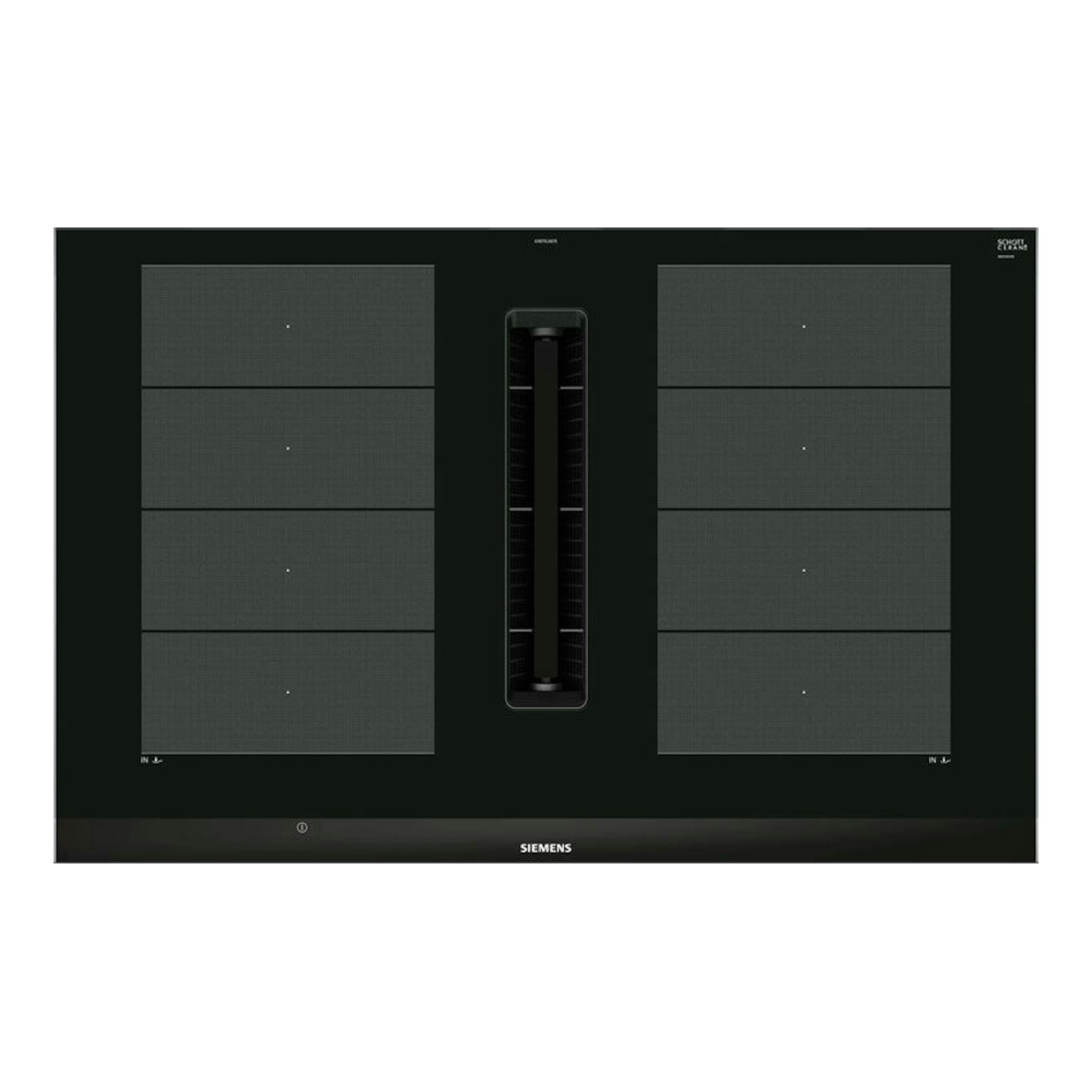 Placa de inducción Siemens EX875LX67E negra, vista frontal, con extractor central y cuatro zonas de cocción.