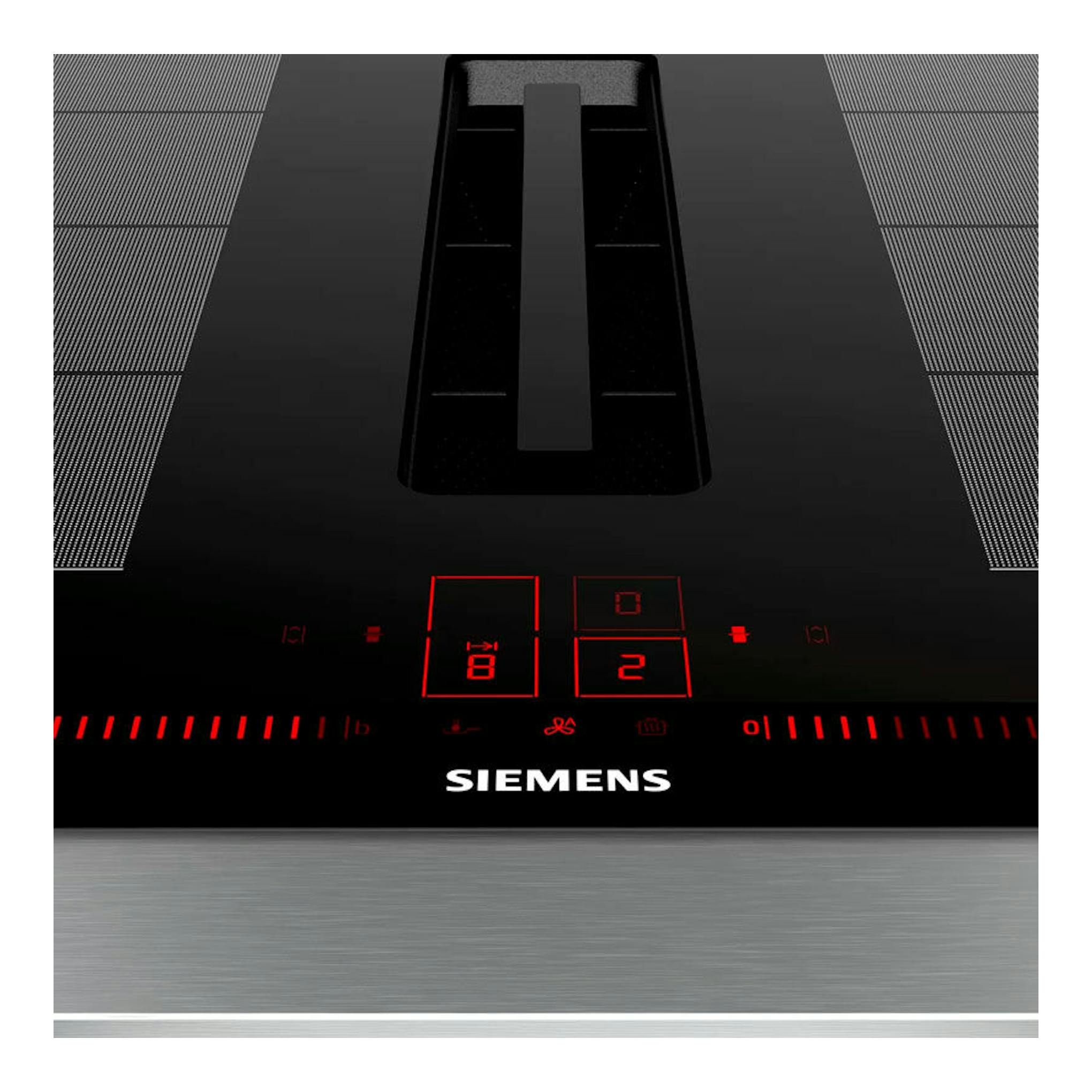 Placa de inducción Siemens EX875LX67E negra, vista frontal, con controles táctiles rojos y zona central.