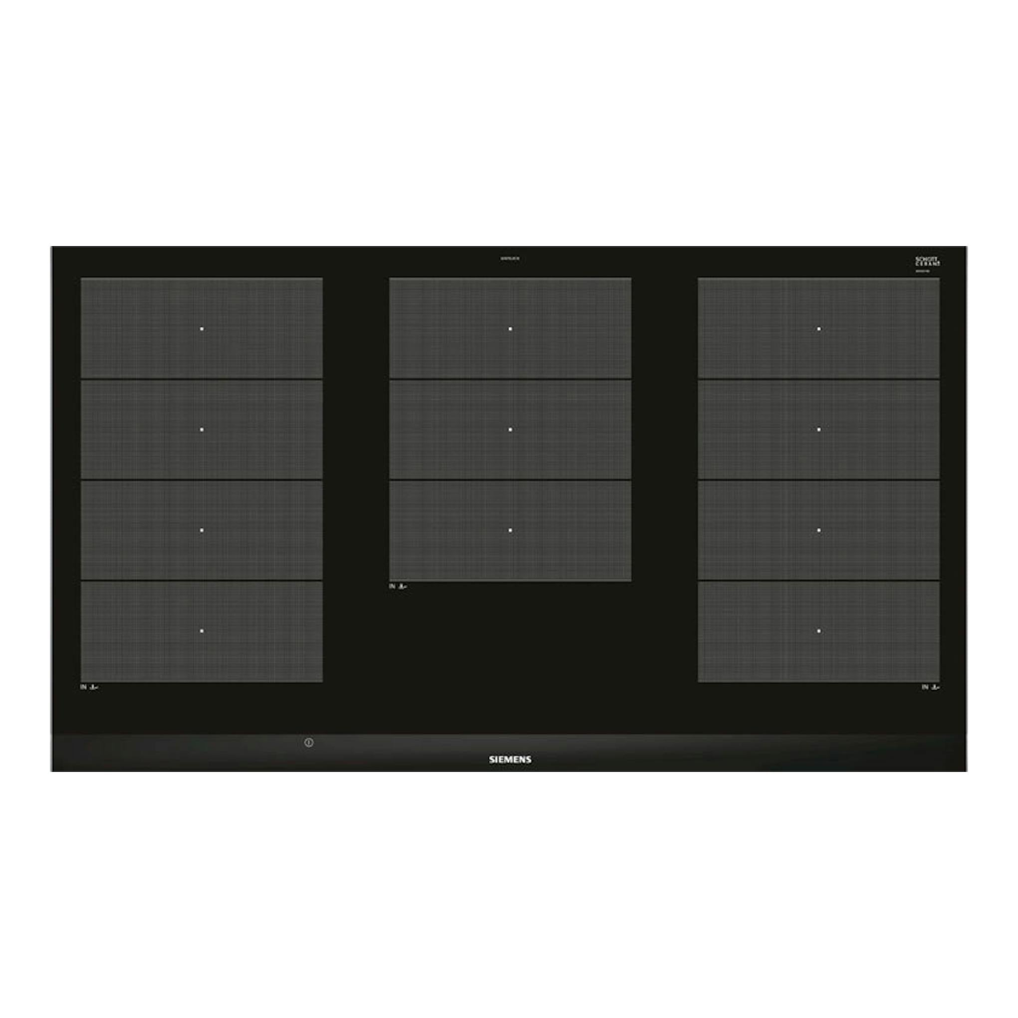 Placa de inducción Siemens EX975LXC1E negra, vista frontal, con tres zonas rectangulares de cocción.