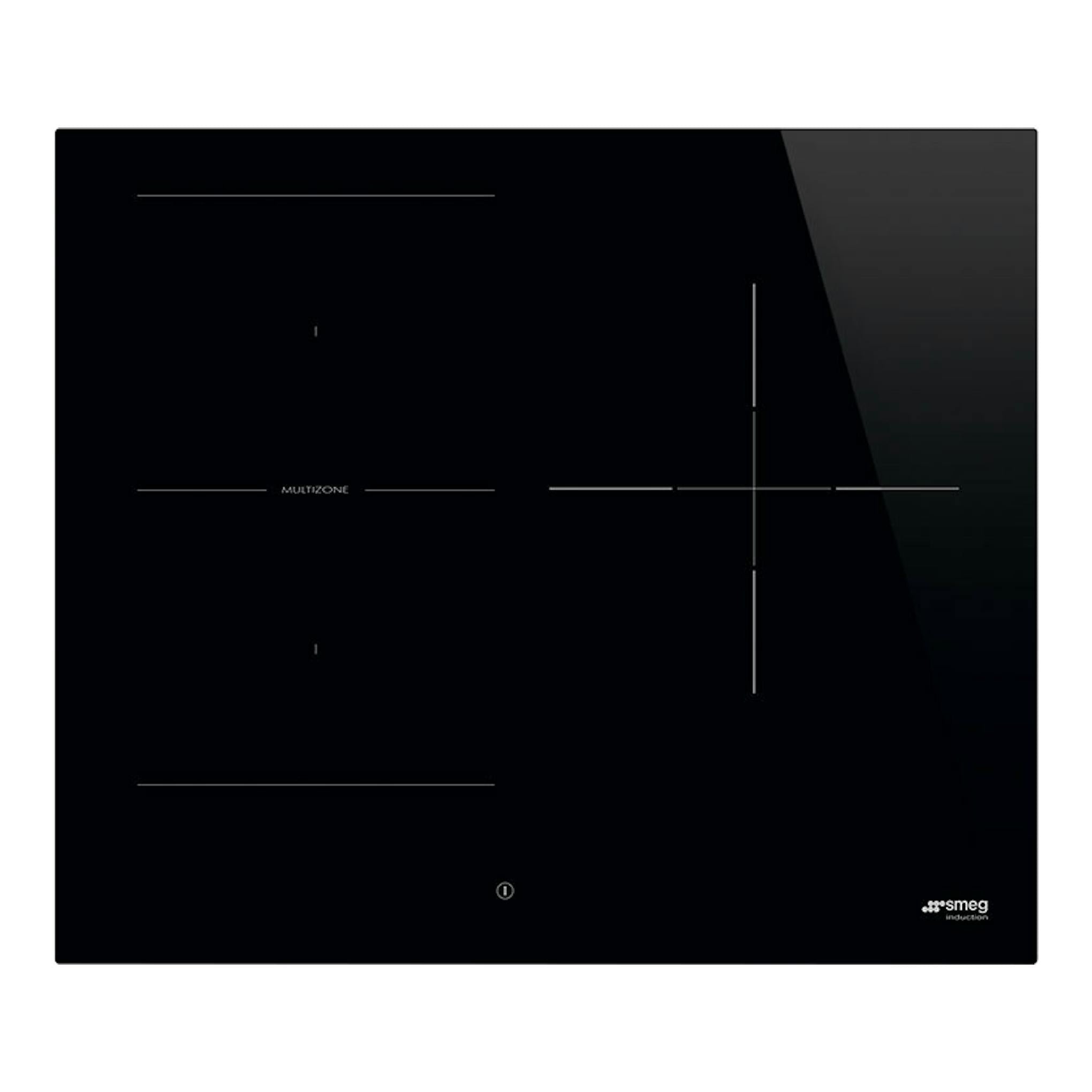 Placa de inducción Smeg SI1M4634D negra, vista frontal, con zonas marcadas y logo en la esquina inferior derecha.