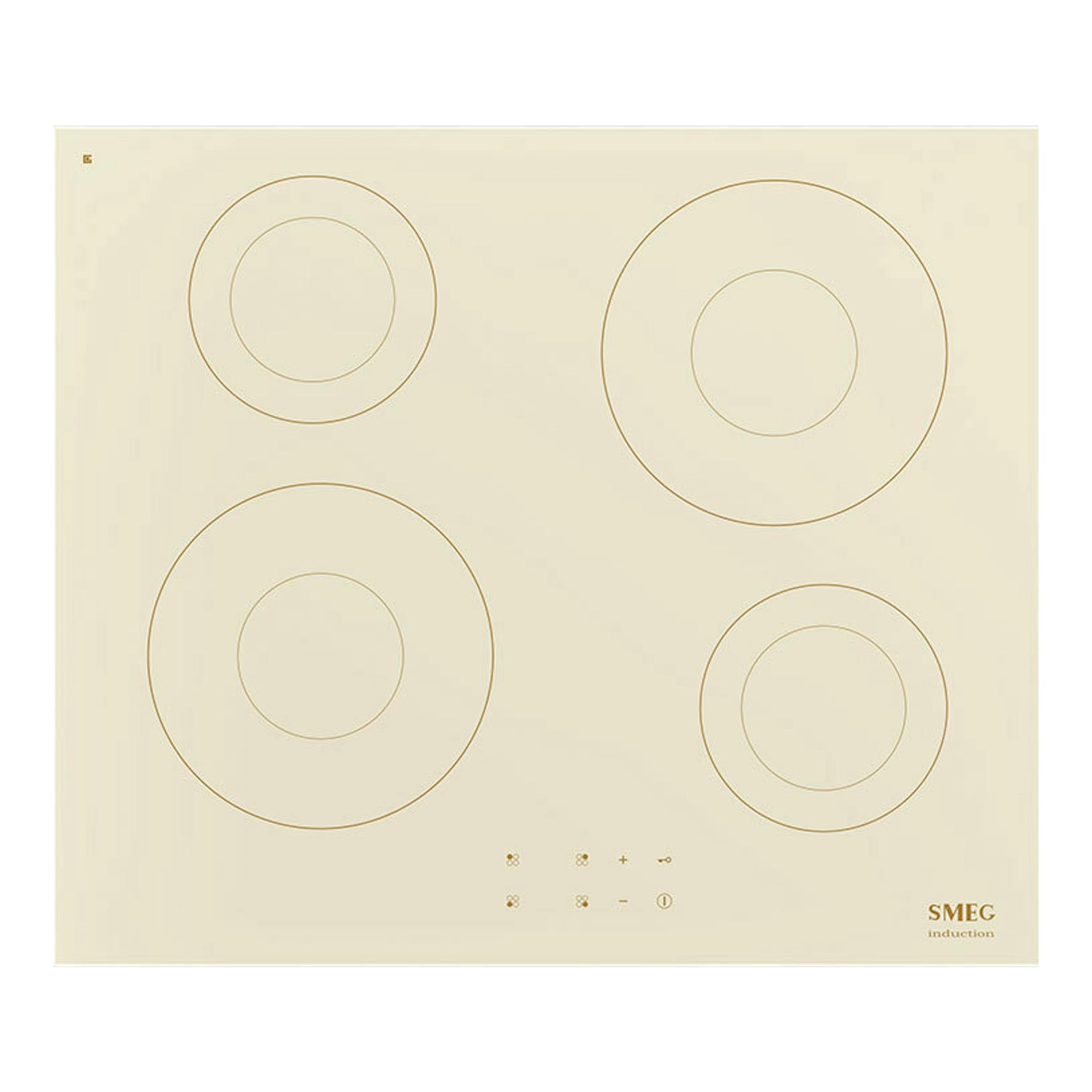 Placa de inducción Smeg SI2641DP, vista cenital, color crema, con cuatro zonas de cocción circulares.