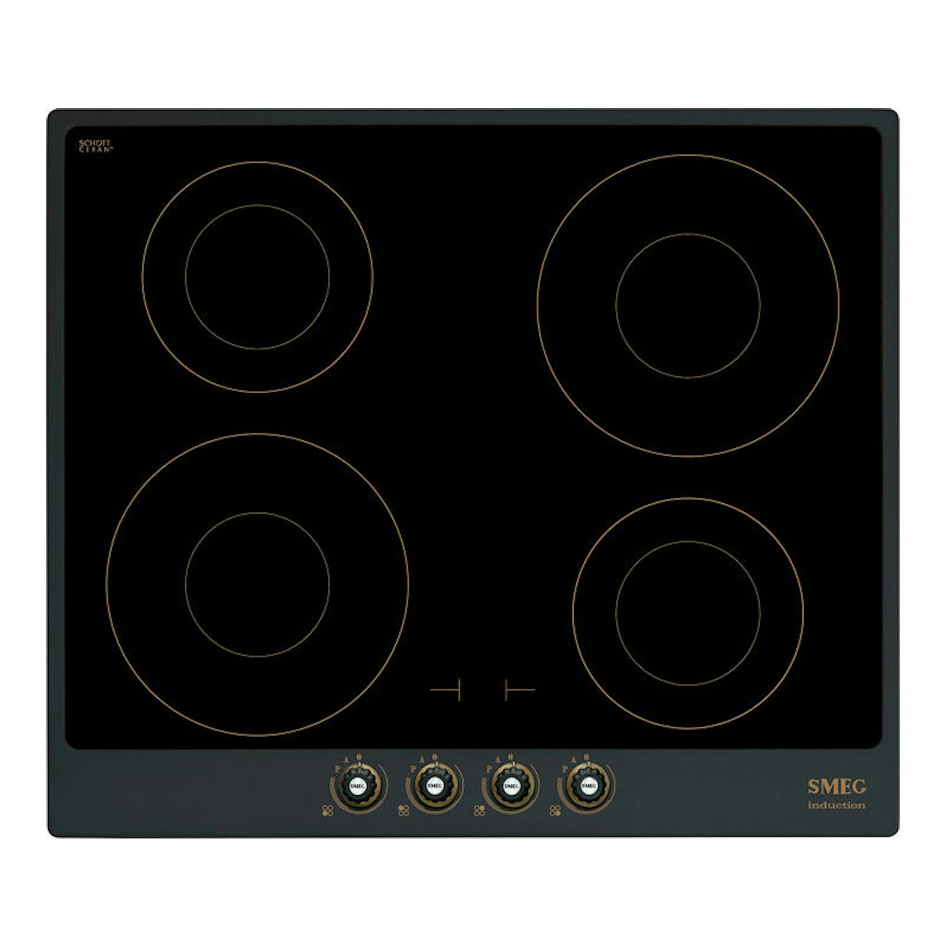 Placa de inducción Smeg SI764AOM 60 cm, vista frontal, cristal negro con 4 zonas y mandos inferiores.