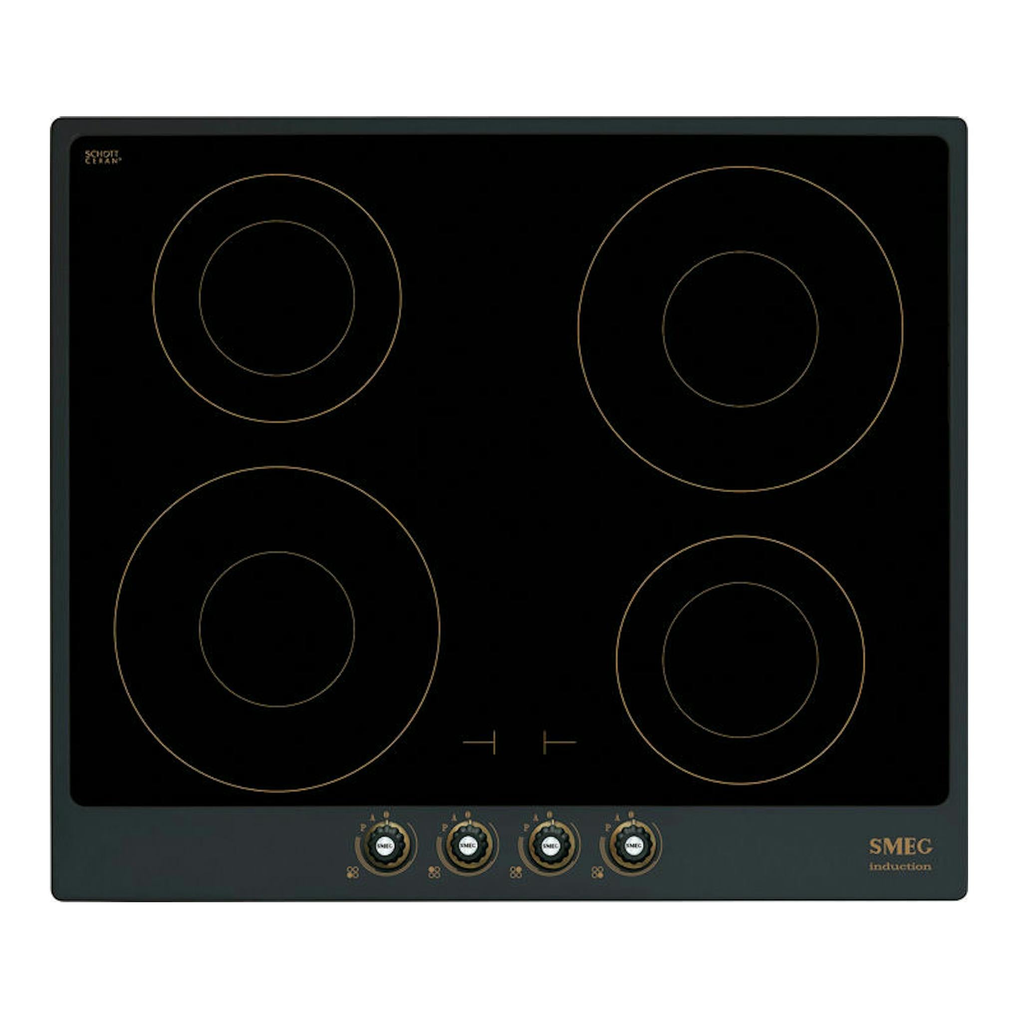 Placa de inducción Smeg SI764AOM 60 cm, vista frontal, cristal negro con 4 zonas y mandos inferiores.