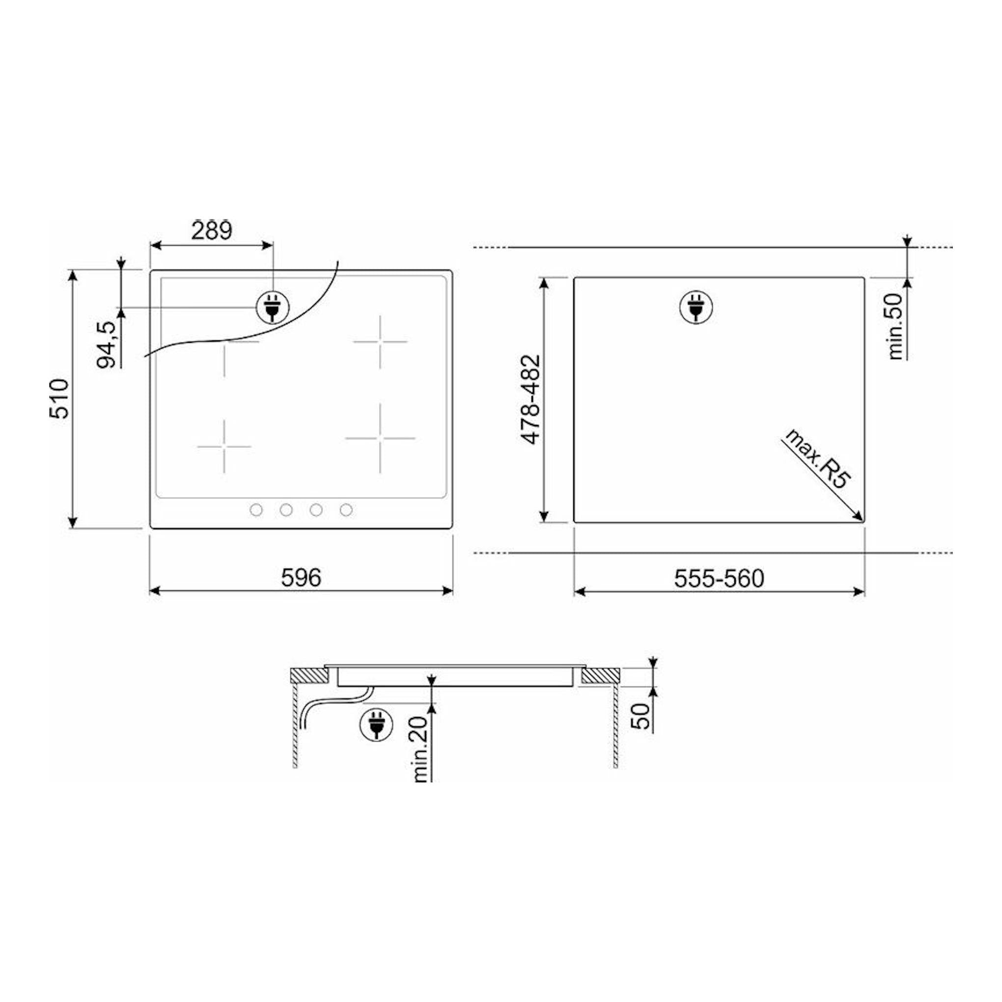 Esquema técnico de placa de inducción Smeg SI764AOM blanca, vistas frontal y lateral con medidas.