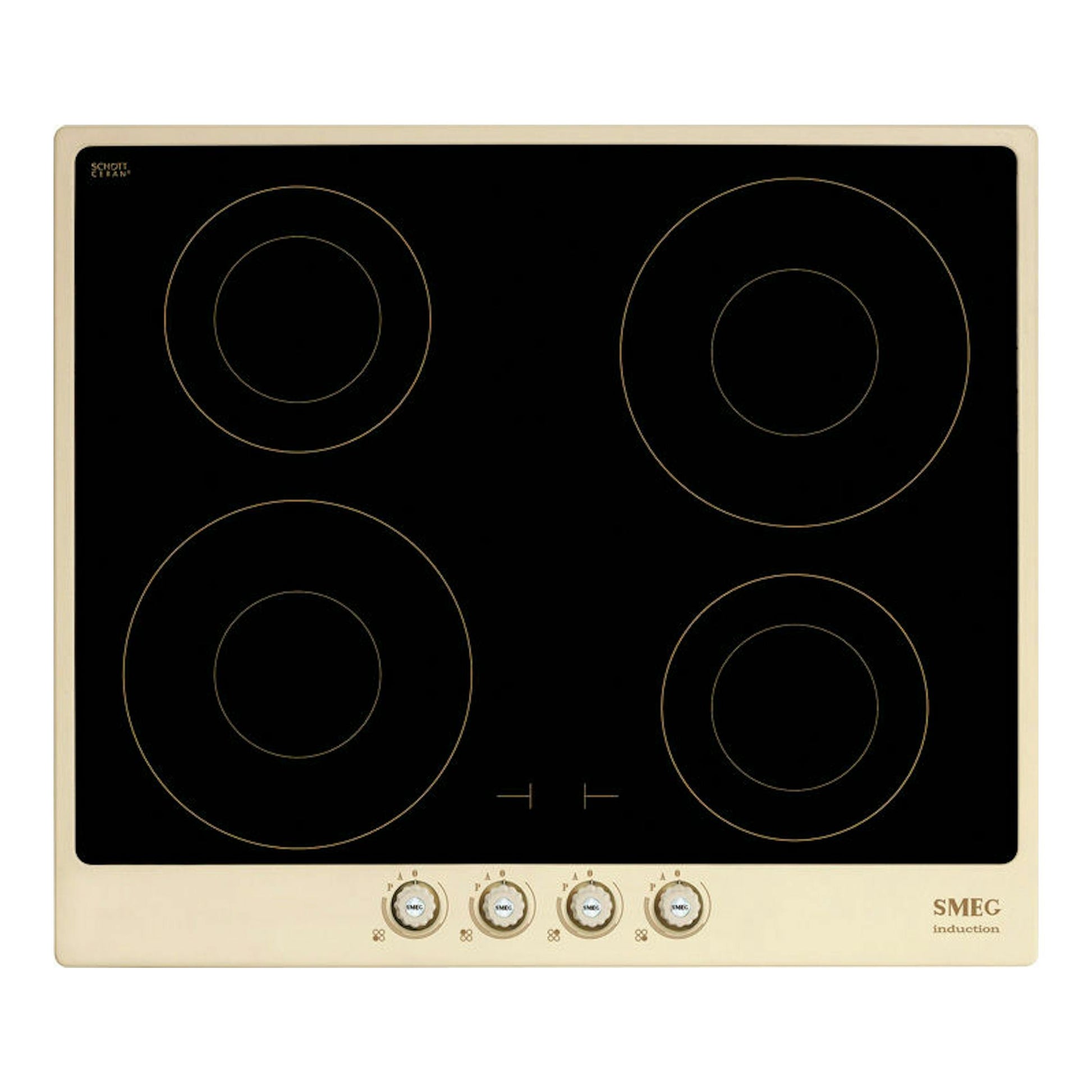 Placa de inducción Smeg SI764POM beige, vista frontal, con 4 zonas y mandos giratorios.