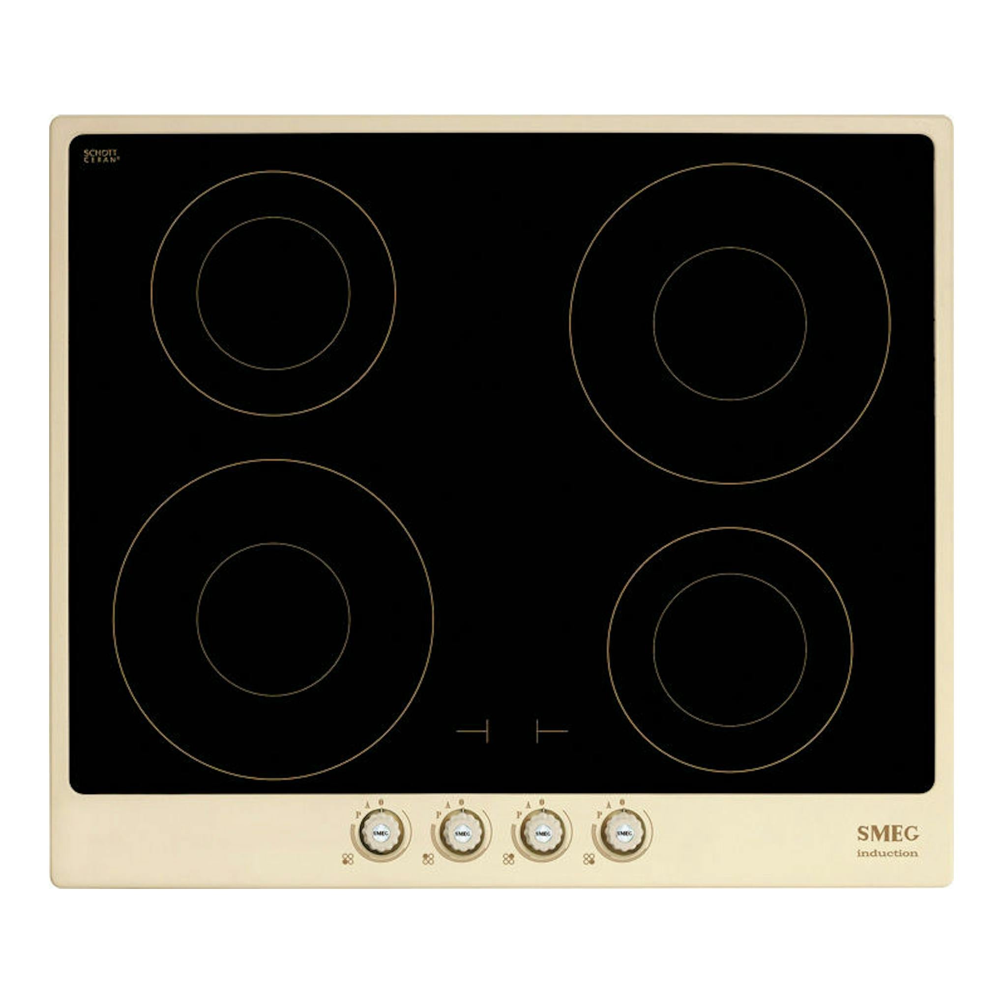 Placa de inducción Smeg SI764POM beige, vista frontal, con 4 zonas y mandos giratorios.