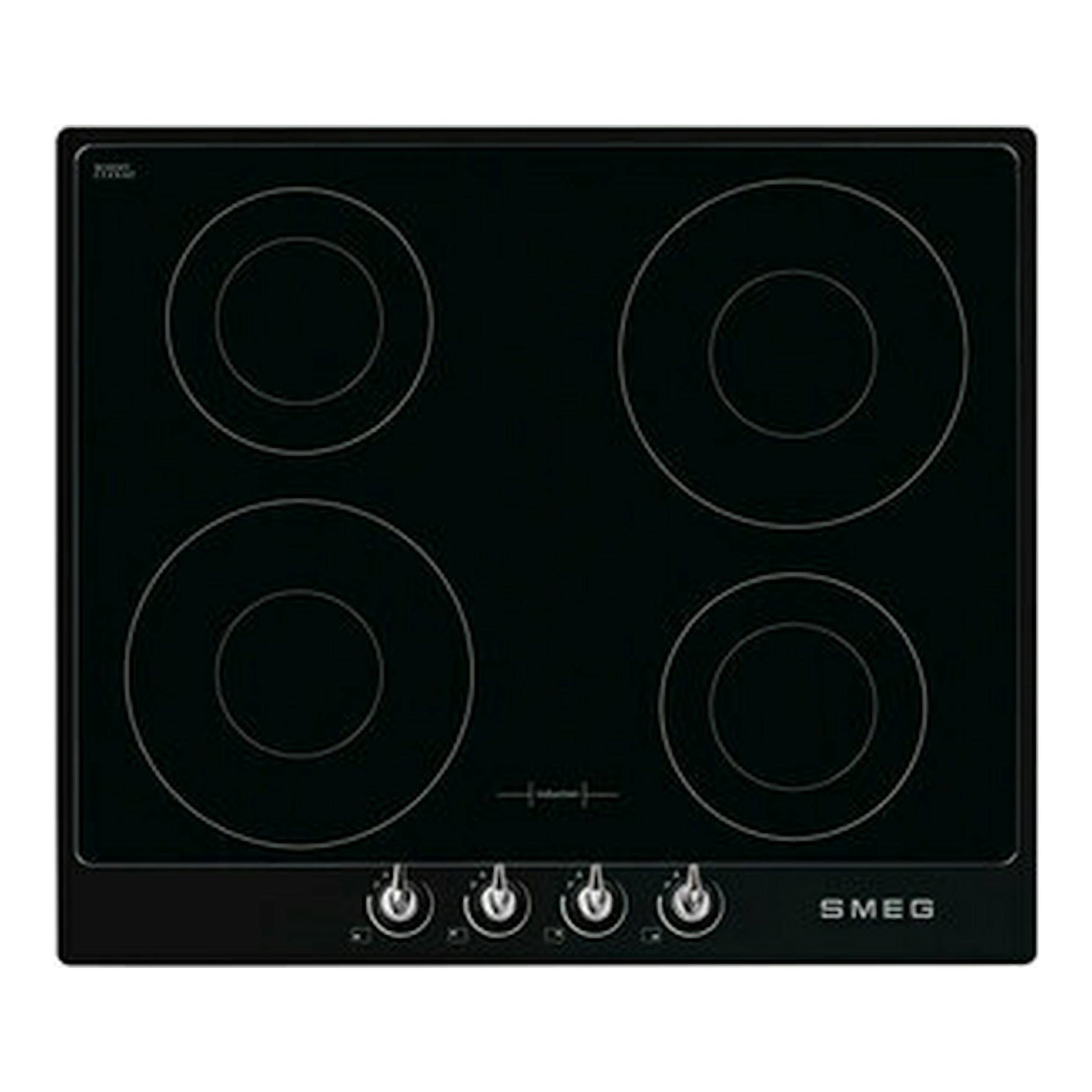 Placa de inducción Smeg SI964NM negra, vista frontal, con cuatro zonas de cocción y cuatro mandos.