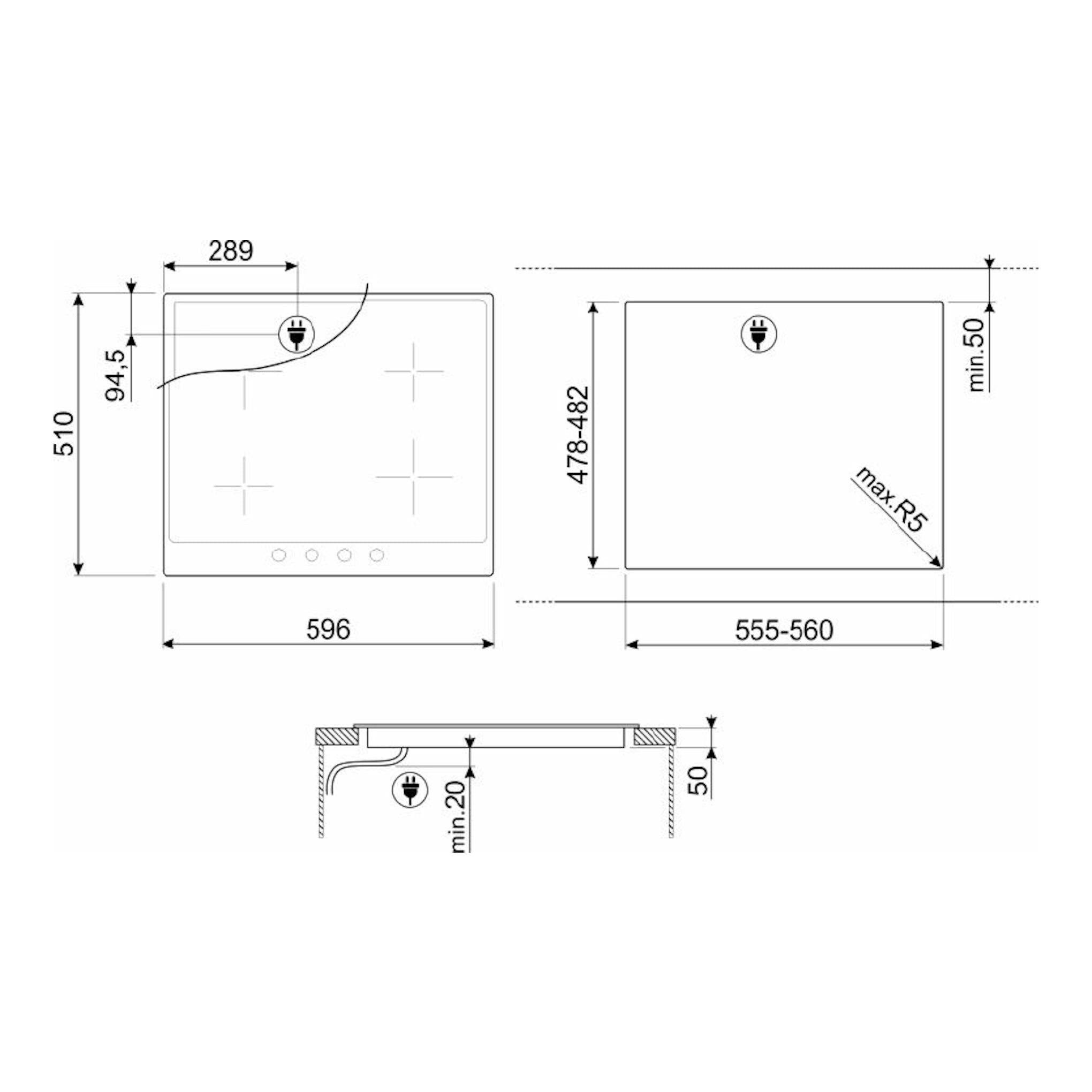 Esquema técnico de la placa de inducción Smeg SI964NM negra, con vistas superior y lateral y cotas.