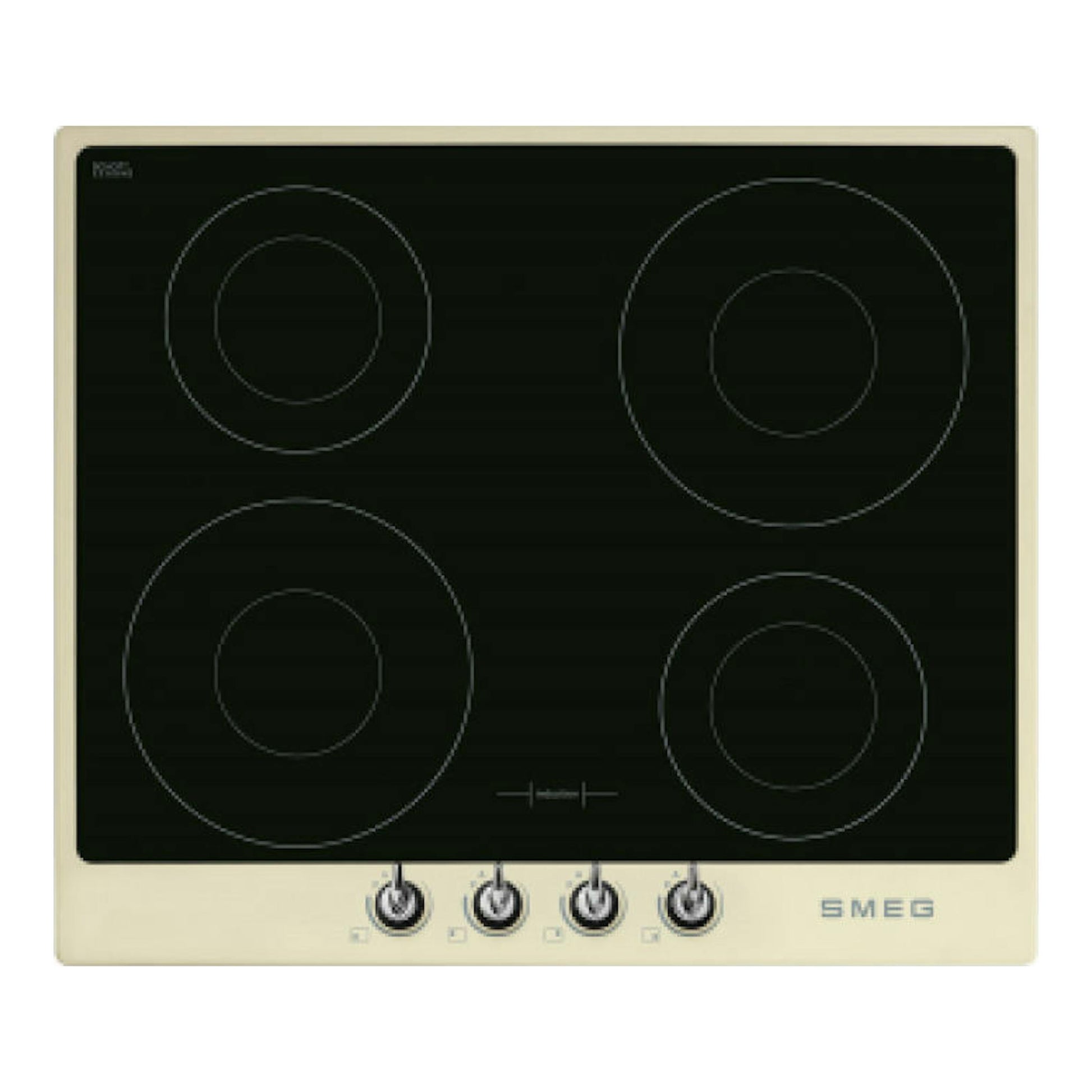 Placa de inducción Smeg SI964PM, vista frontal, cristal negro con marco beige y cuatro zonas circulares.