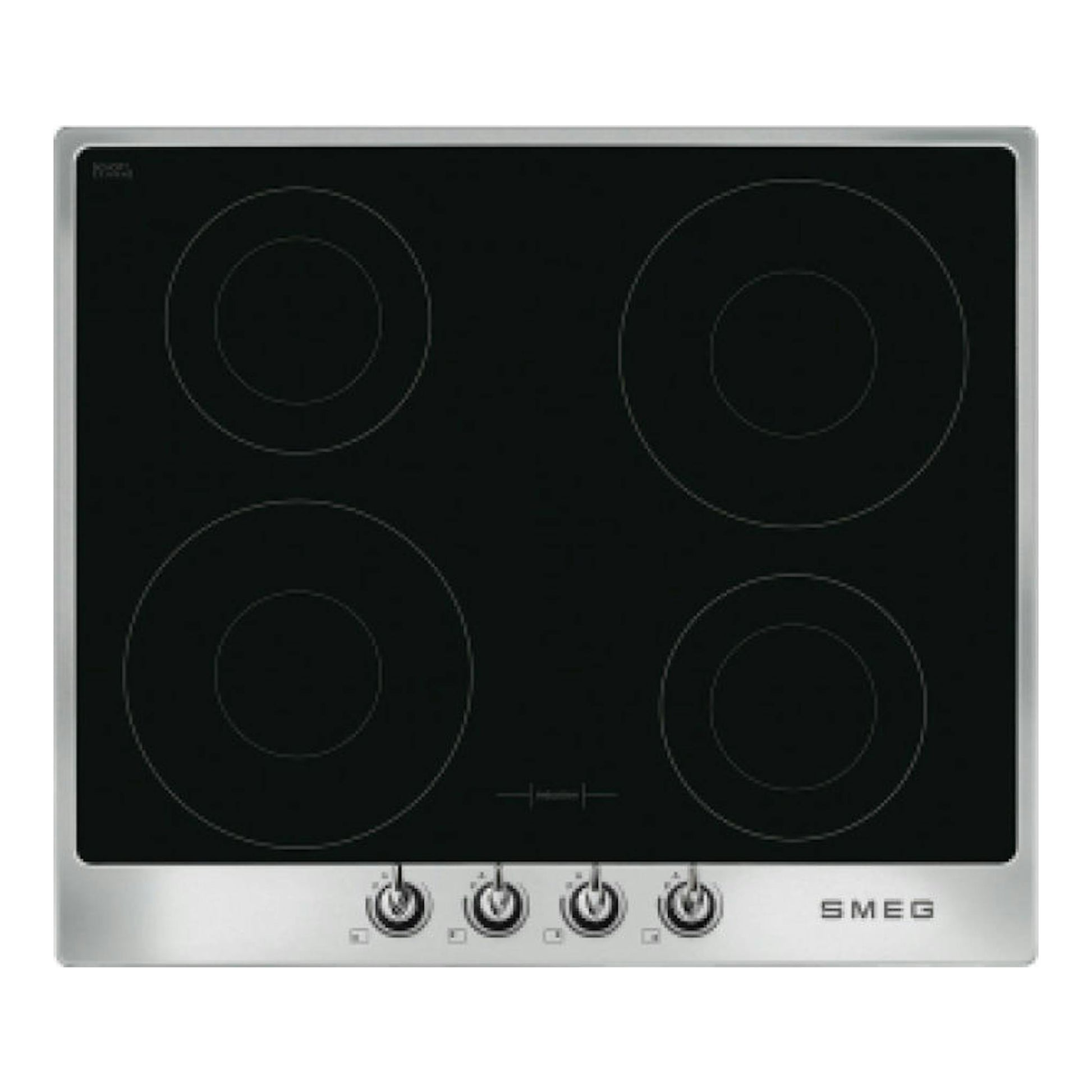 Placa de inducción Smeg SI964XM negra de 4 zonas, vista frontal, con marco de acero inoxidable.