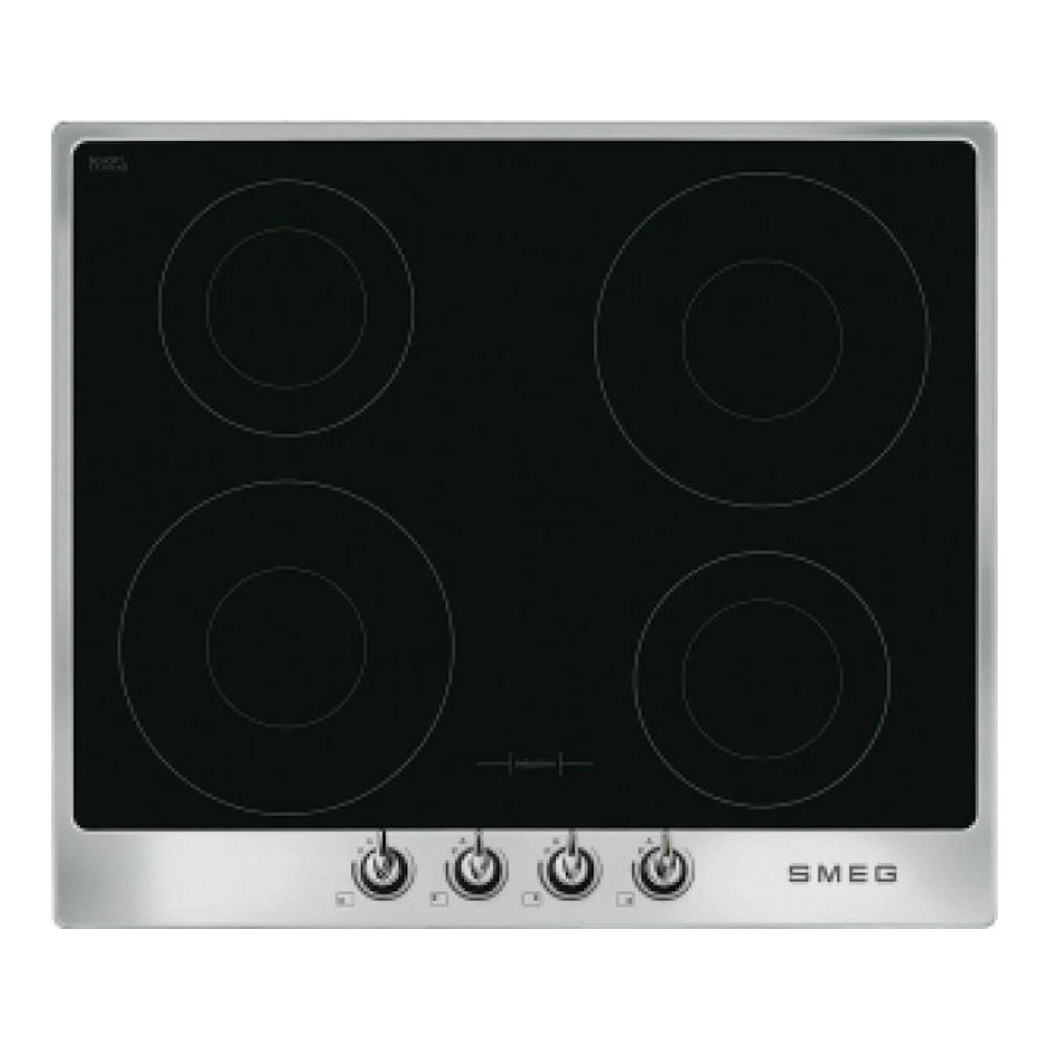 Placa de inducción Smeg SI964XM negra de 4 zonas, vista frontal, con marco de acero inoxidable.