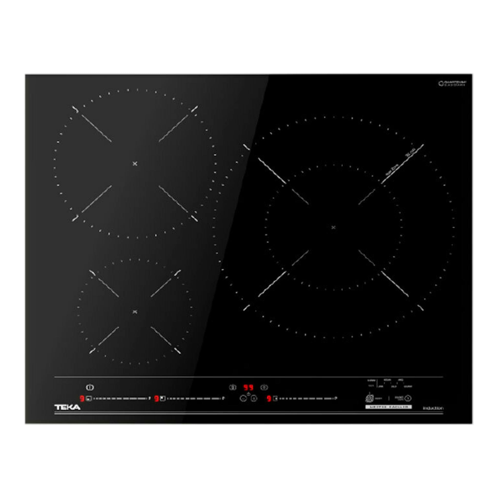 Placa de inducción Teka negra, vista frontal, con 3 zonas de cocción y panel táctil.