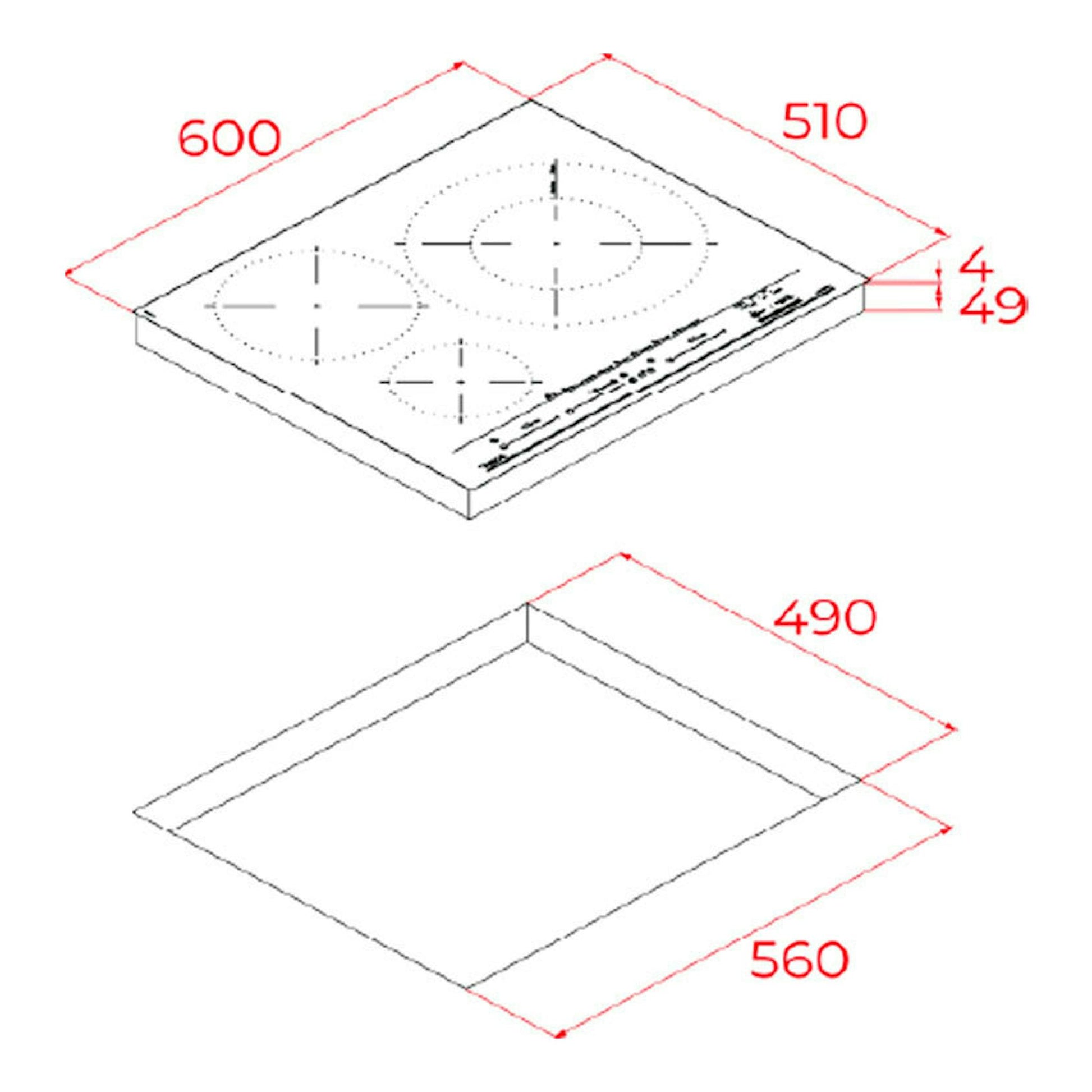 Teka ITC63320MPS: placa de inducción en vista isométrica, 600x510 mm; hueco 560x490 mm.