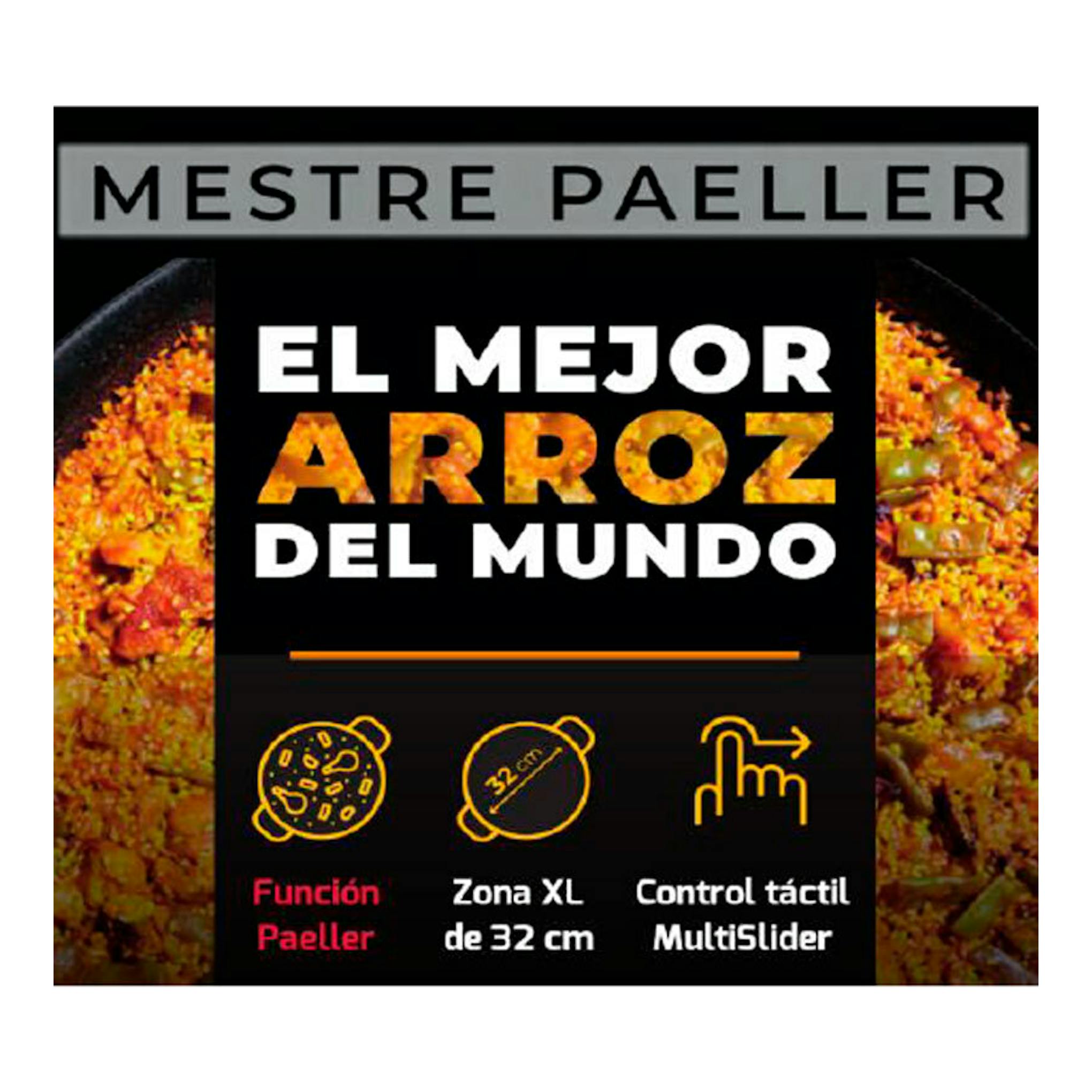 Cartel de Mestre Paeller con paella y texto “El mejor arroz del mundo”; iconos de función paeller, zona XL y control táctil.