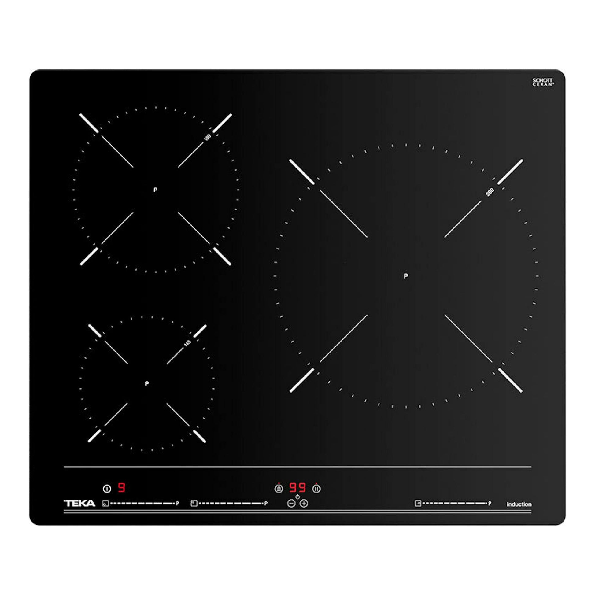 Placa de inducción Teka IBC 63010 negra, vista frontal, con 3 zonas de cocción circulares.