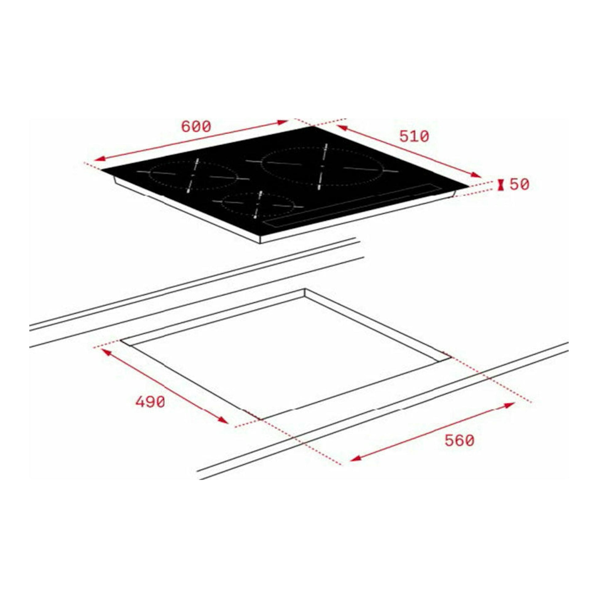 Teka IBC 63010: placa de inducción negra en vista diagonal, con medidas 600x510 mm y hueco 490x560 mm.