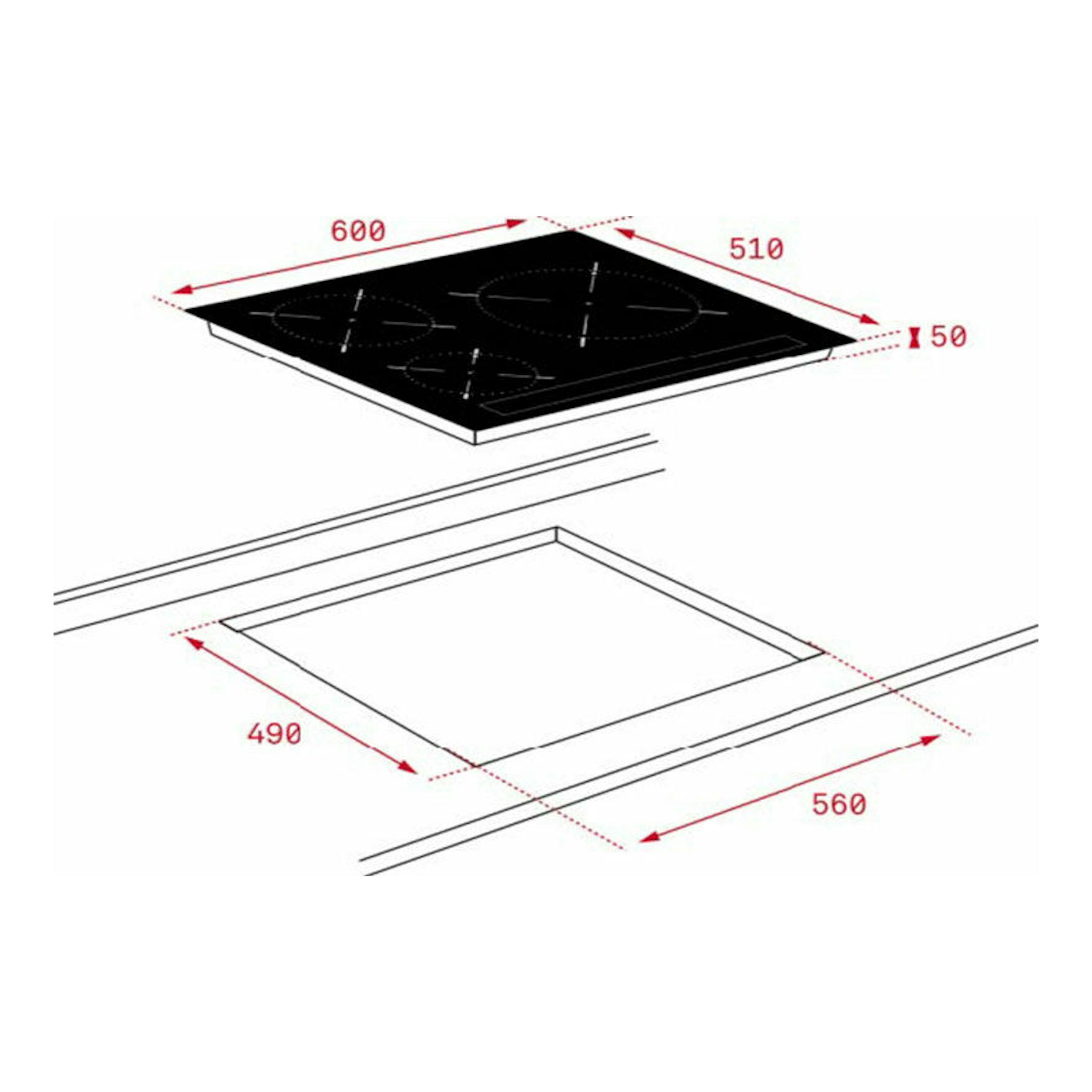 Teka IBC 63010: placa de inducción negra en vista diagonal, con medidas 600x510 mm y hueco 490x560 mm.