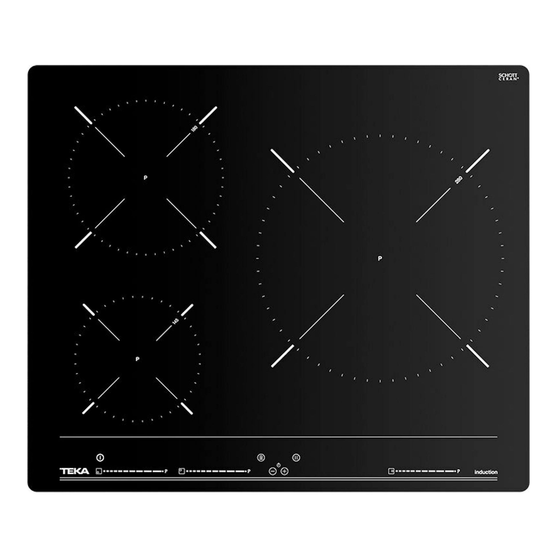Placa de inducción Teka IBC 63010 negra, vista superior, 60 cm, con tres zonas de cocción.