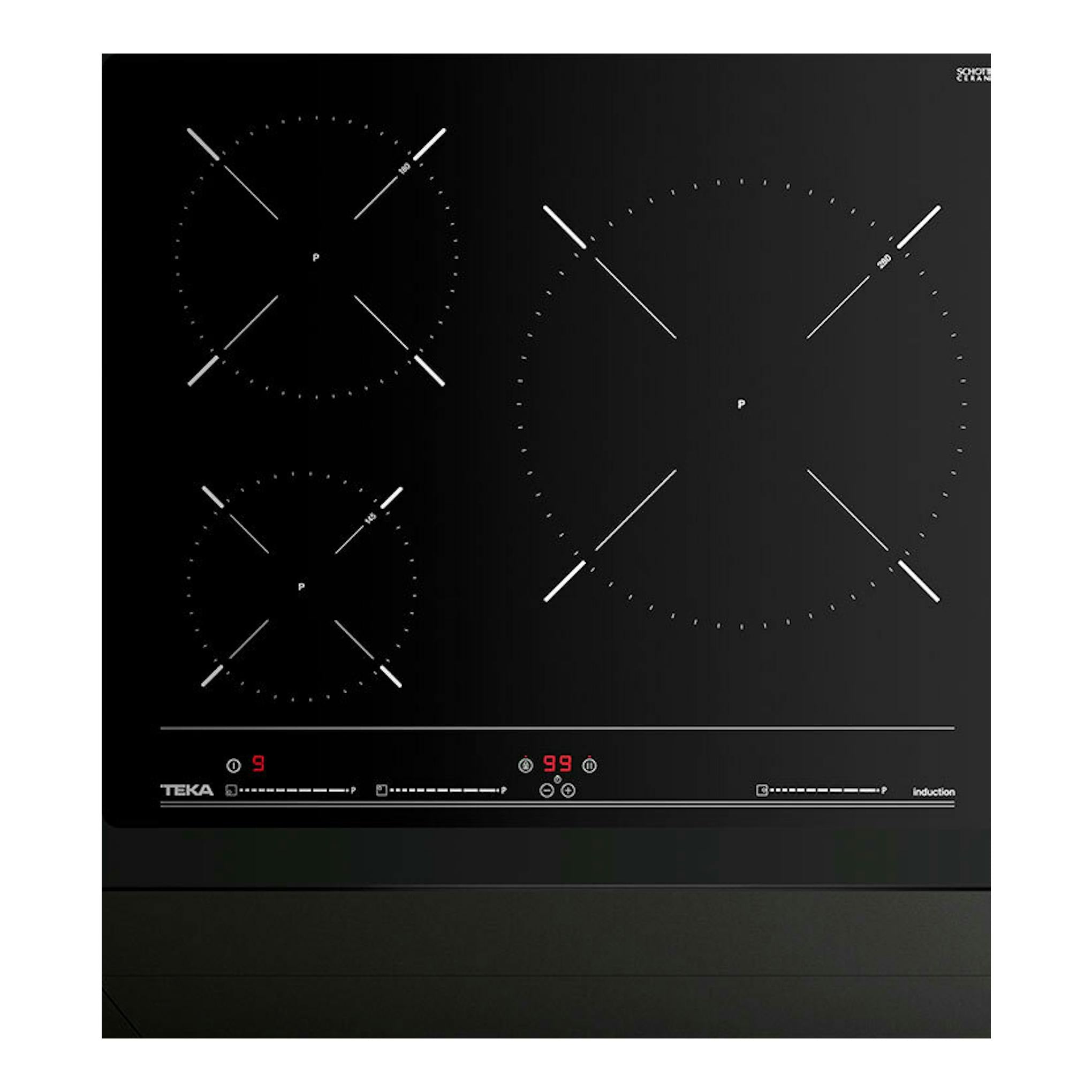 Placa de inducción Teka IBC 63010 negra, vista frontal, con 3 zonas de cocción y panel táctil.