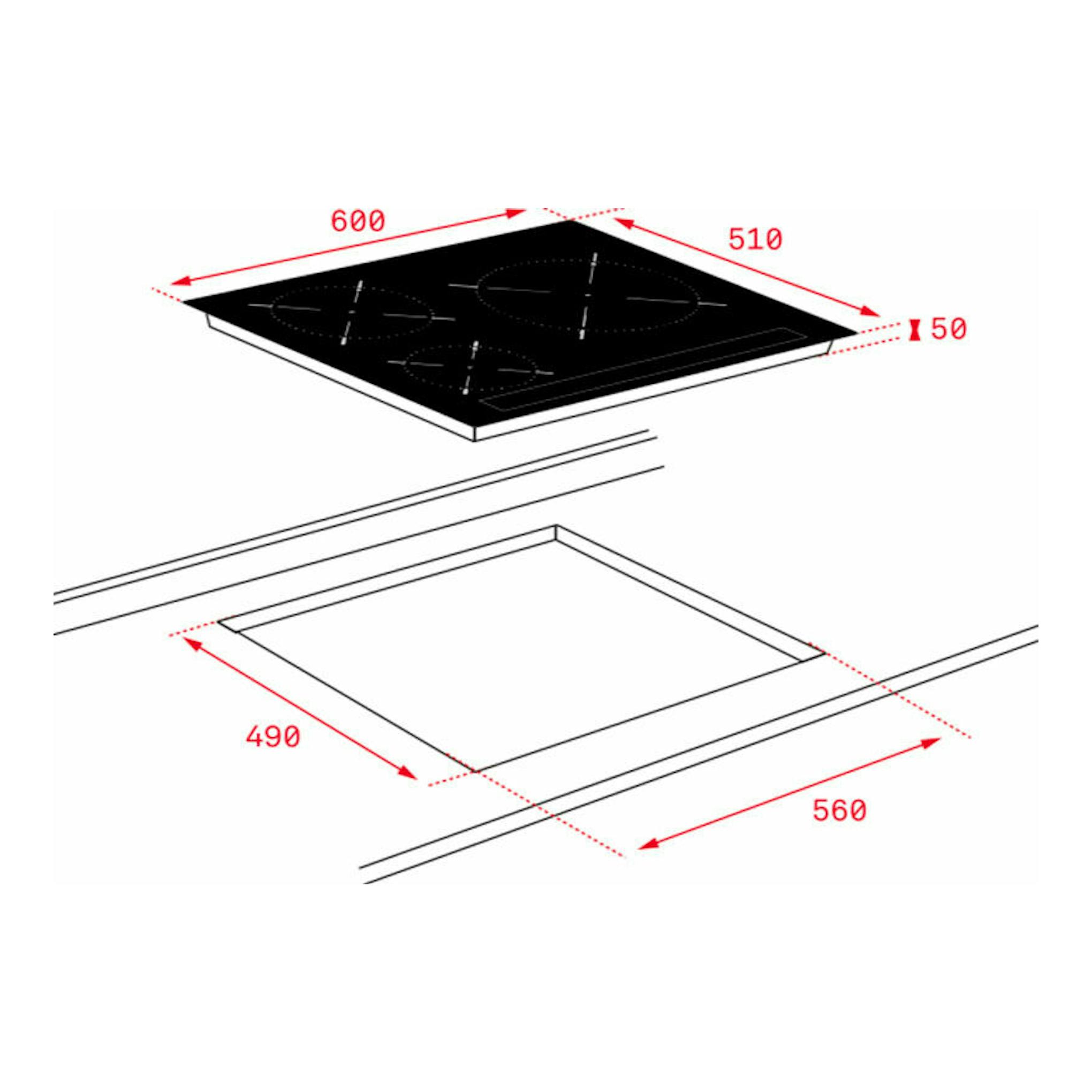 Placa de inducción Teka IBC 63015 MSS negra, vista superior con medidas 600x510 mm y hueco 560x490 mm.