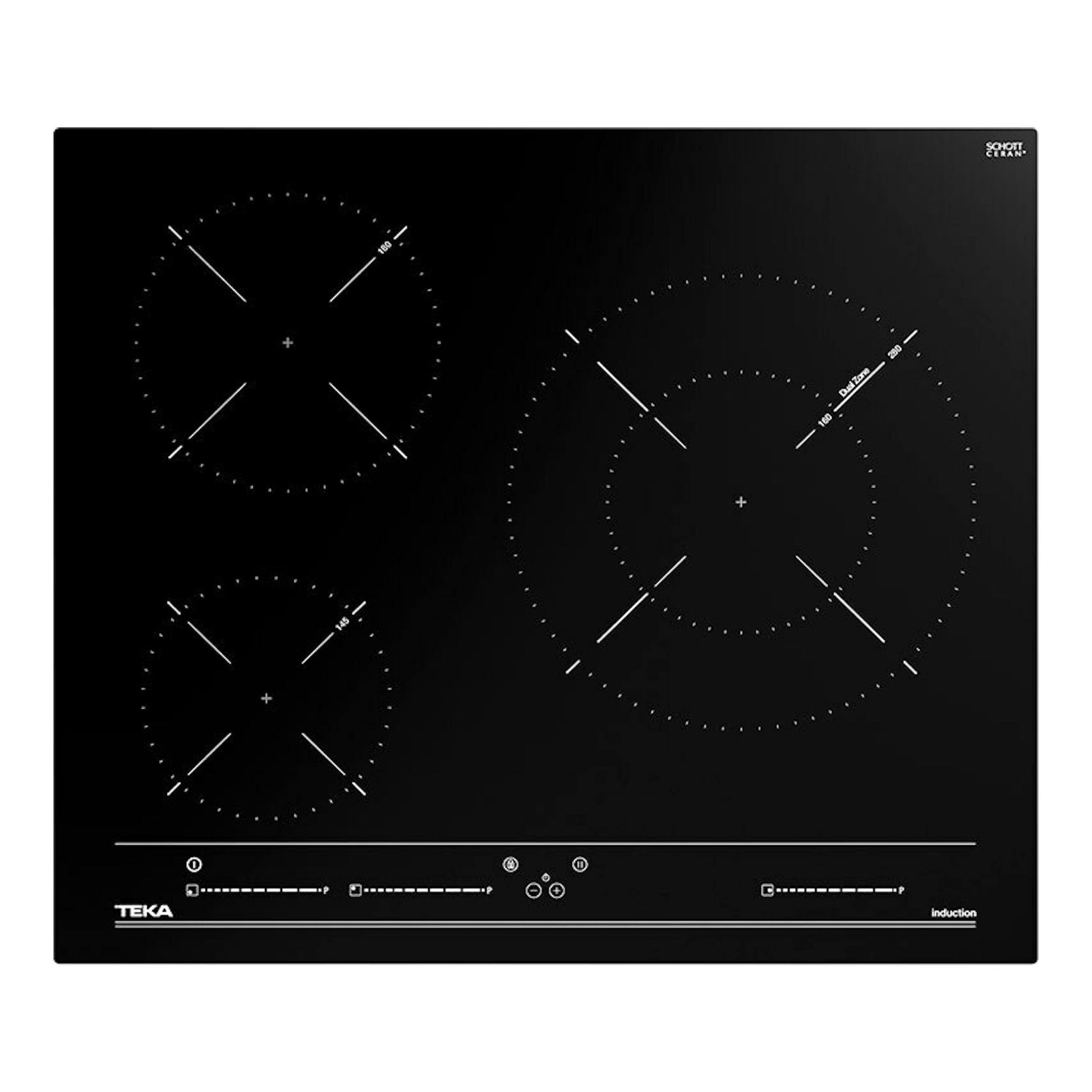 Placa de inducción Teka IBC 63015 MSS negra, vista superior, con tres zonas de cocción circulares.