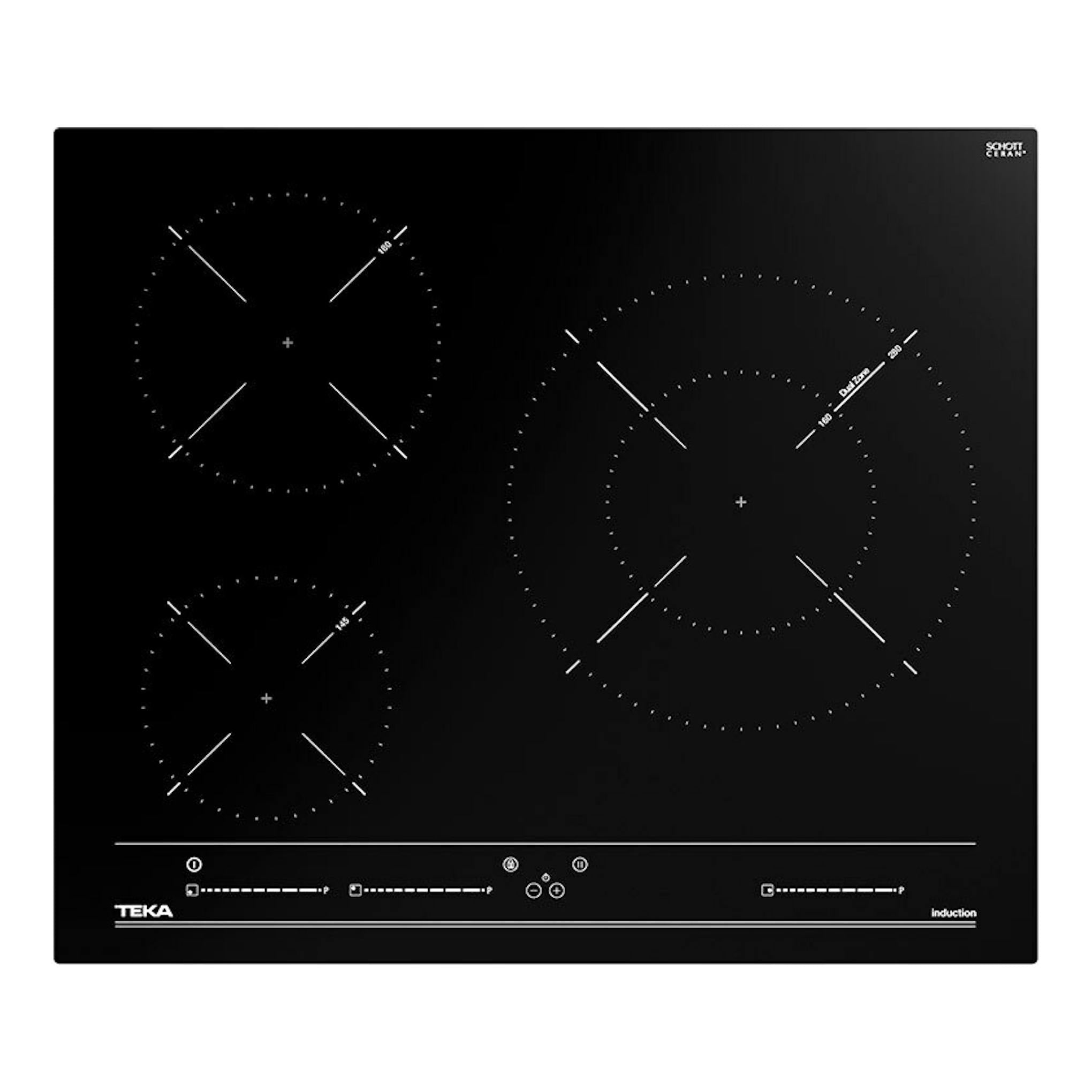 Placa de inducción Teka IBC 63015 MSS negra, vista superior, con tres zonas de cocción circulares.