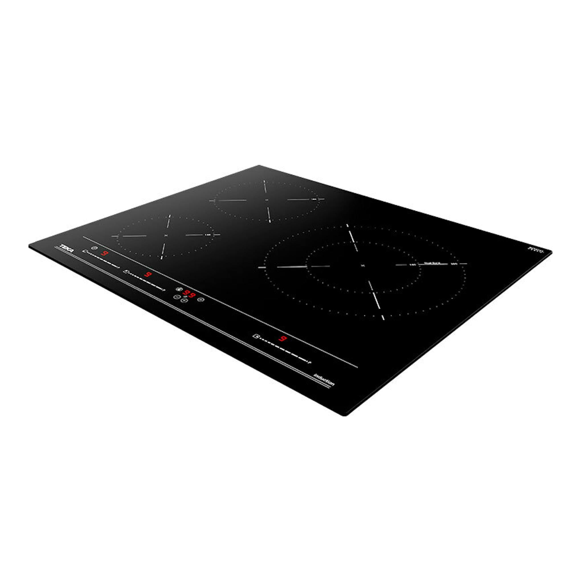 Placa de inducción Teka IBC 63015 MSS negra, vista en perspectiva de 60 cm con cuatro zonas.