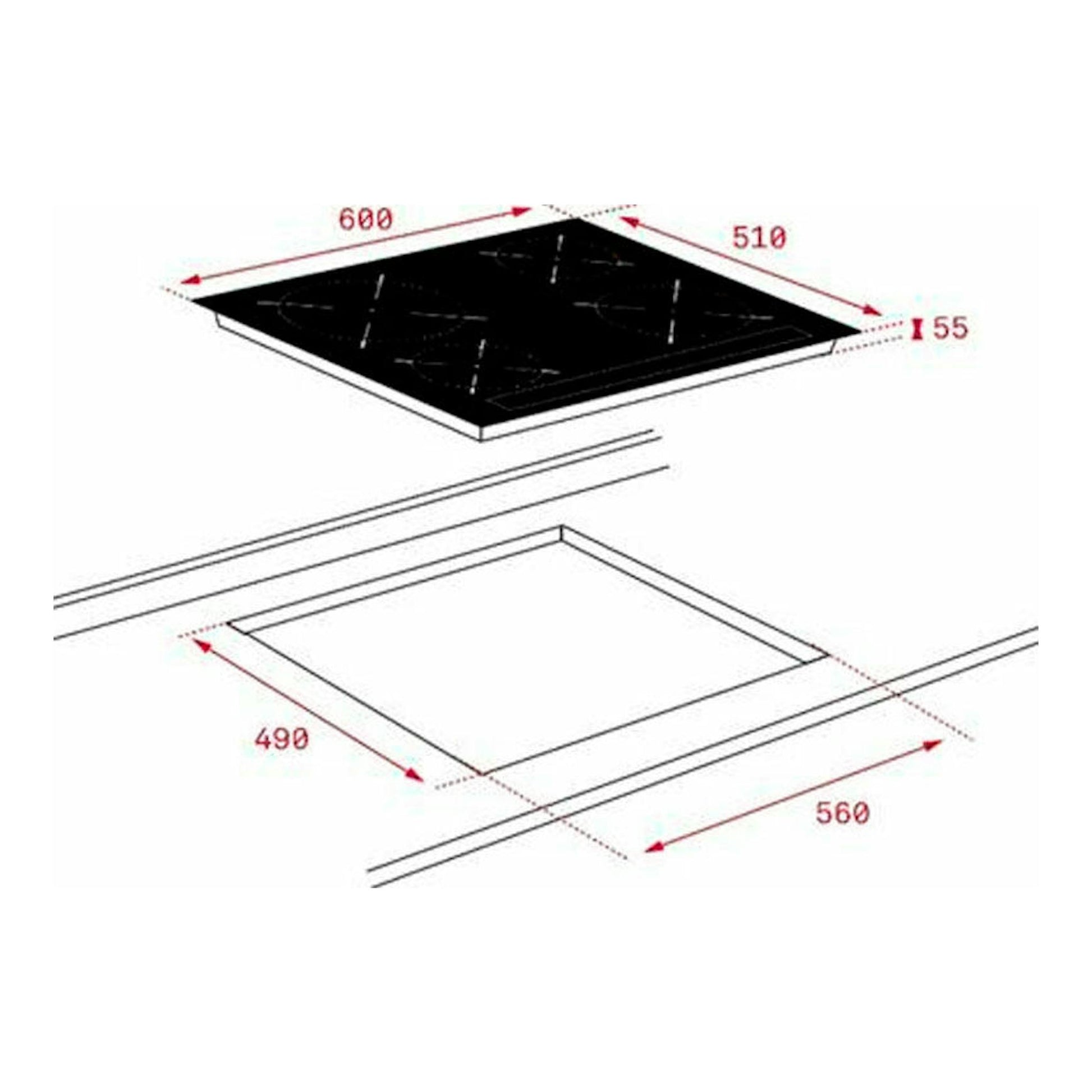 Teka IBC 64010 MSS: placa de inducción negra en vista superior, con dimensiones 600x510 mm y hueco 560x490 mm.