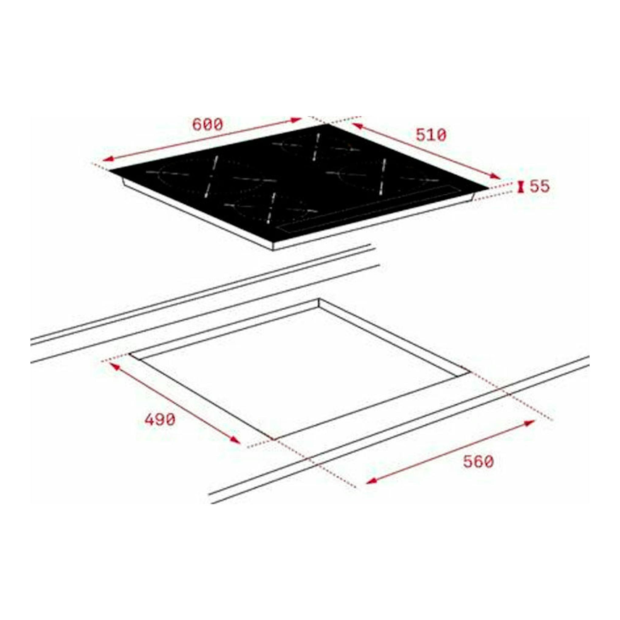 Teka IBC 64010 MSS: placa de inducción negra en vista superior, con dimensiones 600x510 mm y hueco 560x490 mm.