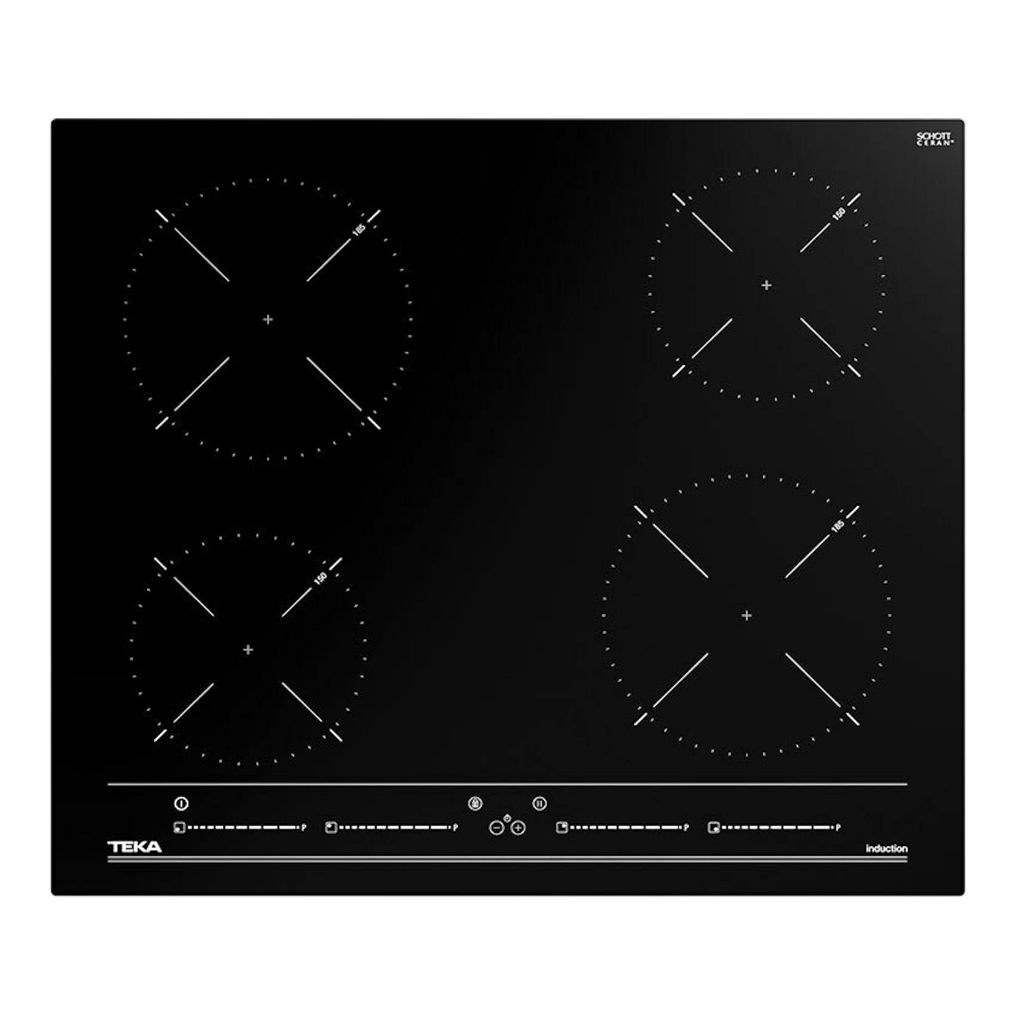 Placa de inducción Teka IBC 64010 MSS negra, vista frontal, con cuatro zonas de cocción.