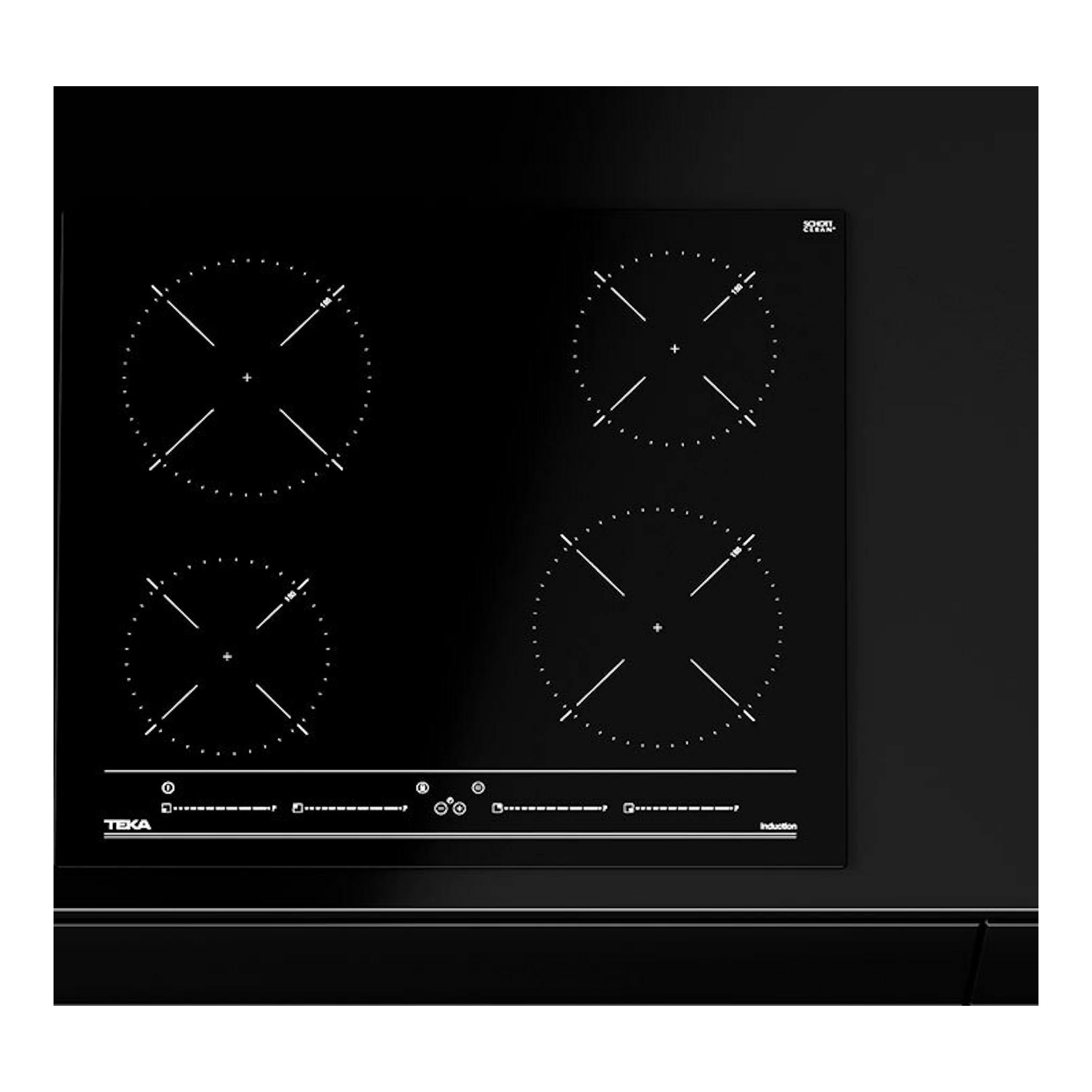 Placa de inducción Teka IBC 64010 MSS negra, vista superior, con cuatro zonas de cocción circulares.