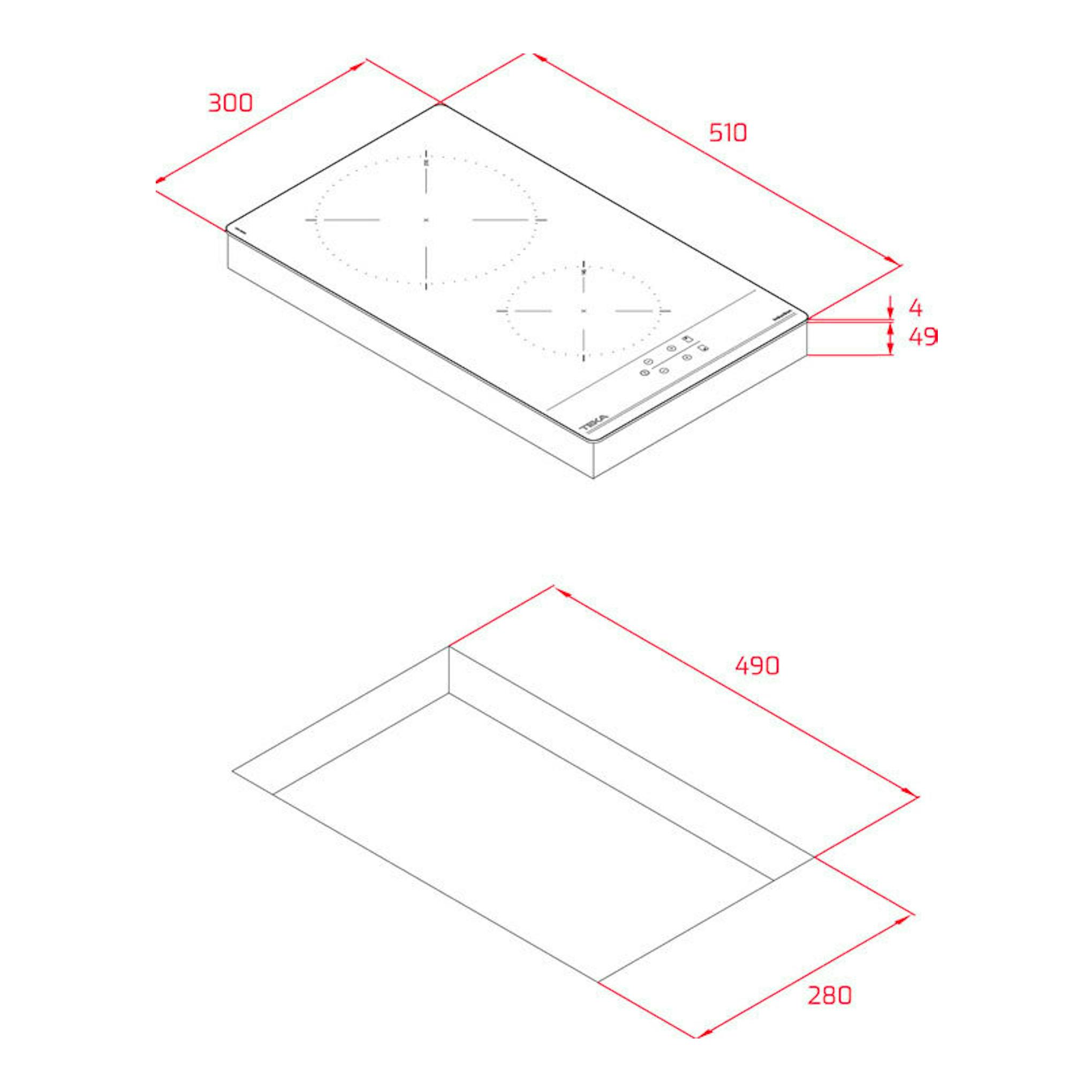 Placa de inducción Teka IBC32000TTC, vista isométrica en blanco, con medidas 300x510 mm y hueco 490x280 mm.