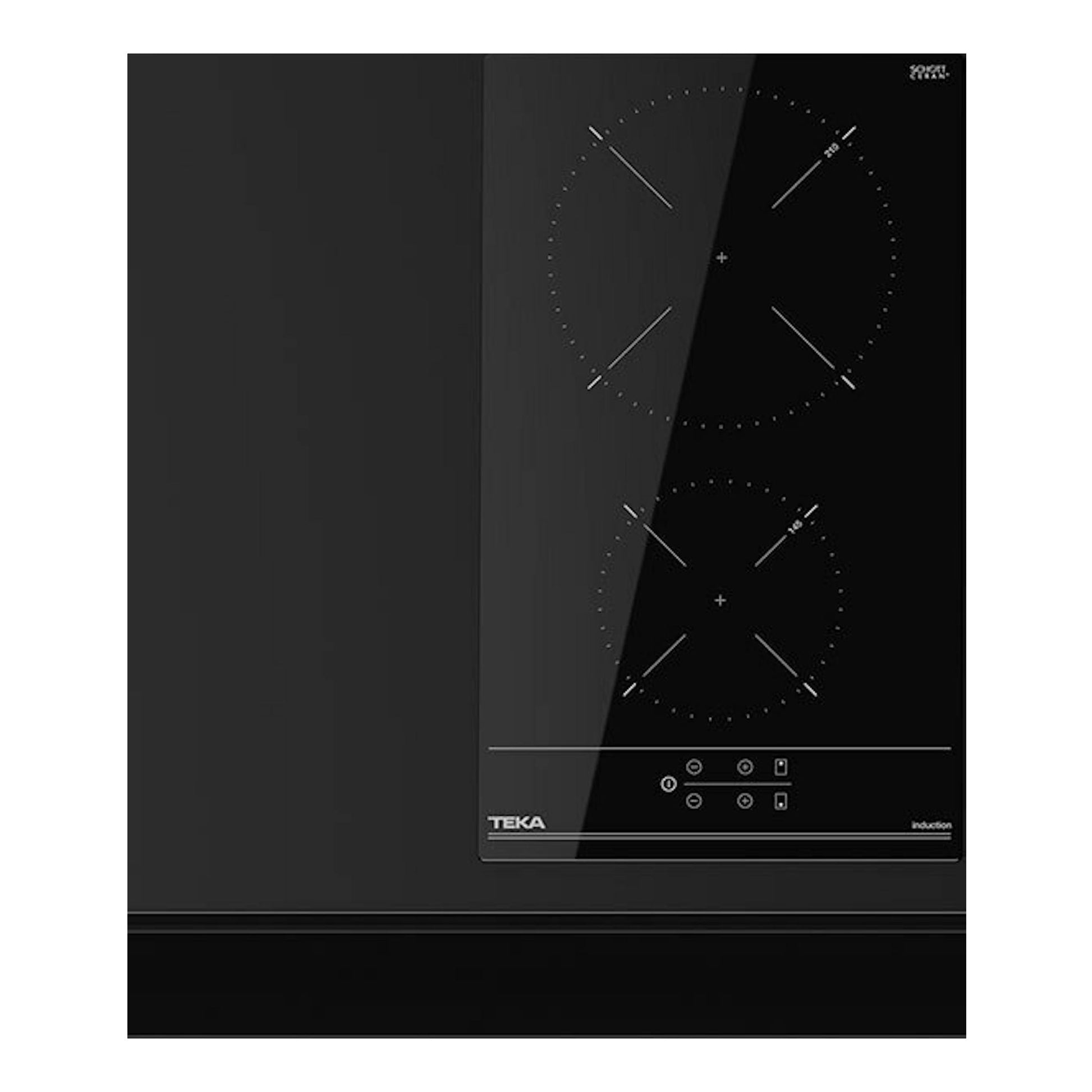 Placa de inducción Teka IBC32000TTC negra de 30 cm, vista frontal, con dos zonas de cocción.