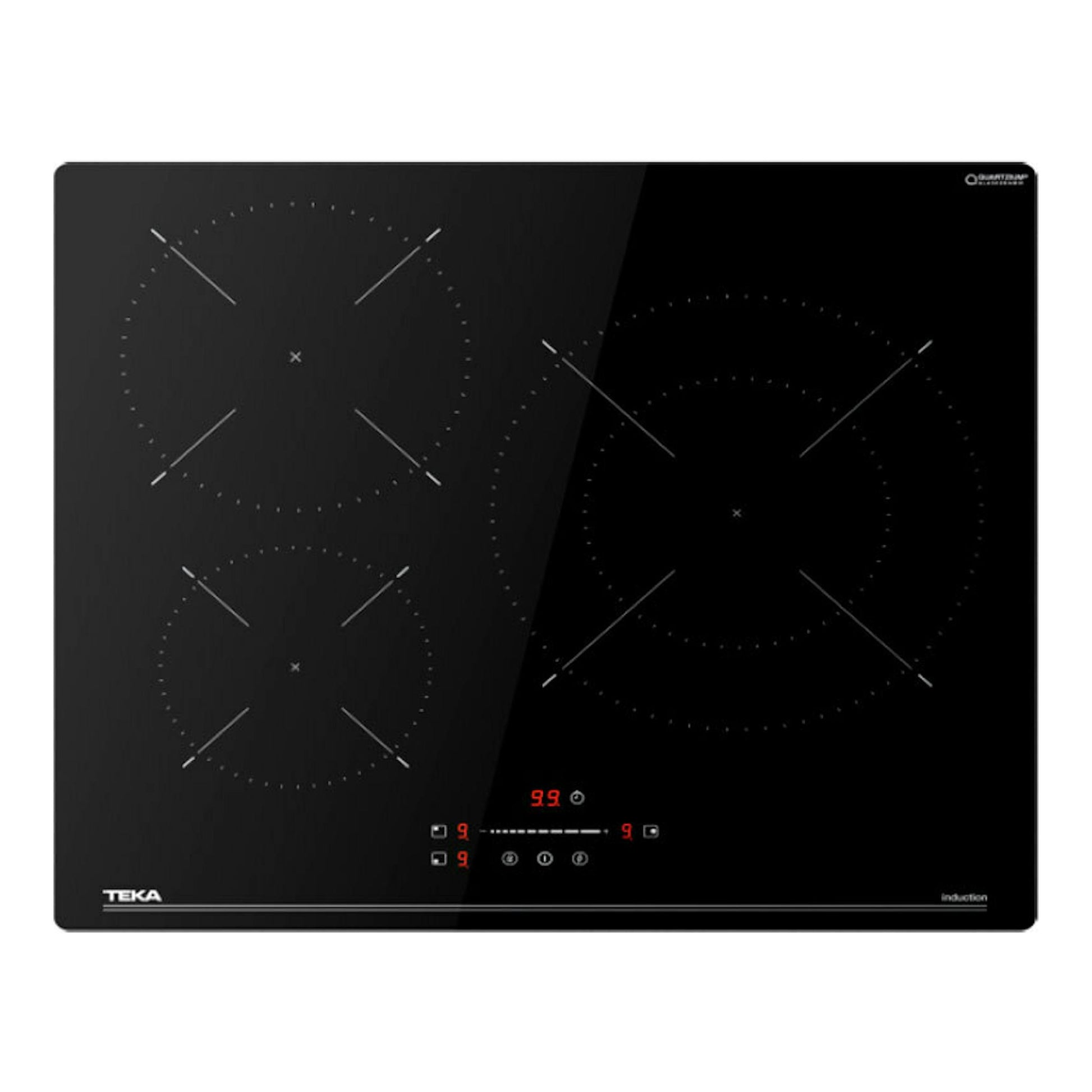Placa de inducción Teka IBC63110SSMBK negra, vista frontal, con cuatro zonas de cocción y controles táctiles.