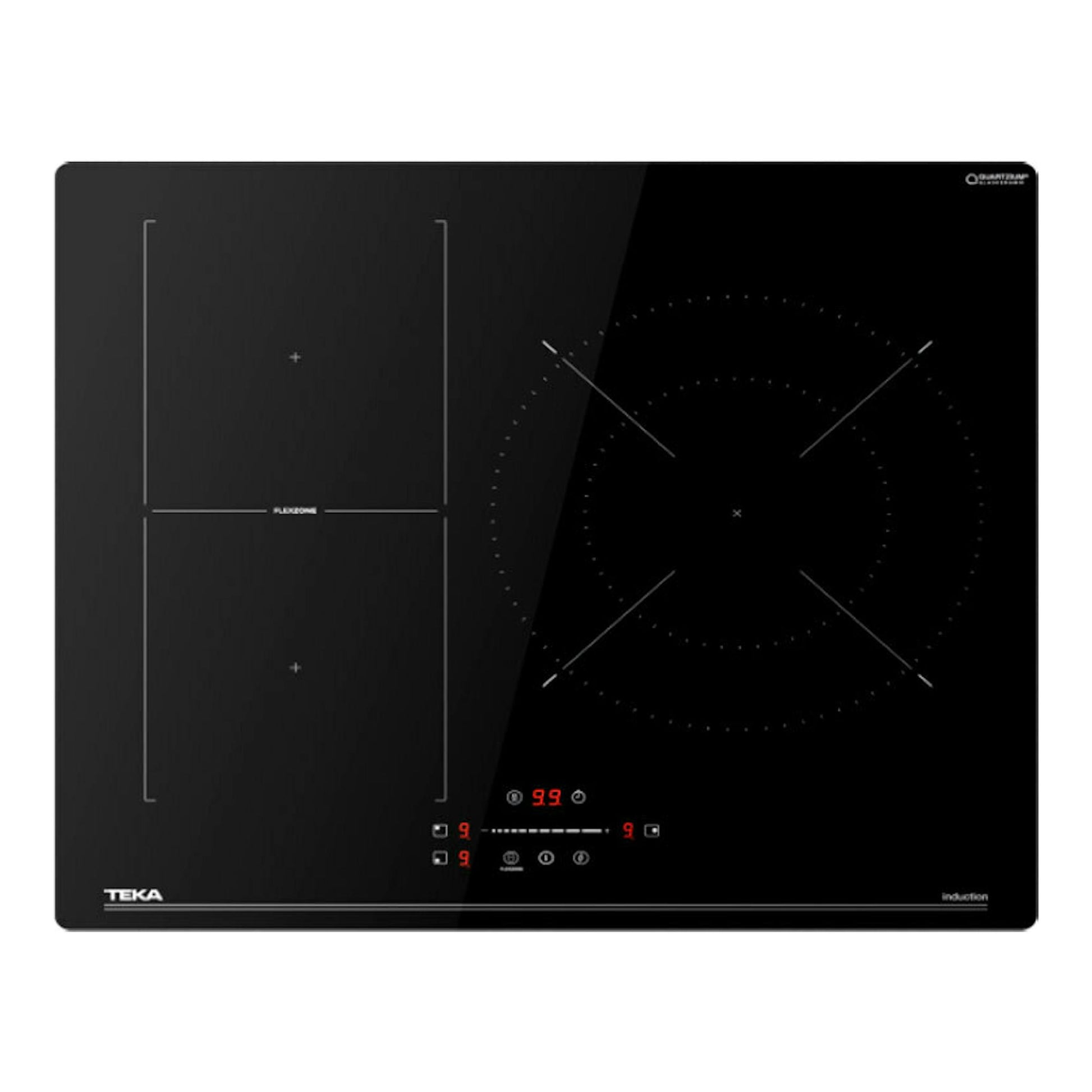 Placa de inducción Teka negra, vista frontal, con zona flexible y panel táctil iluminado.