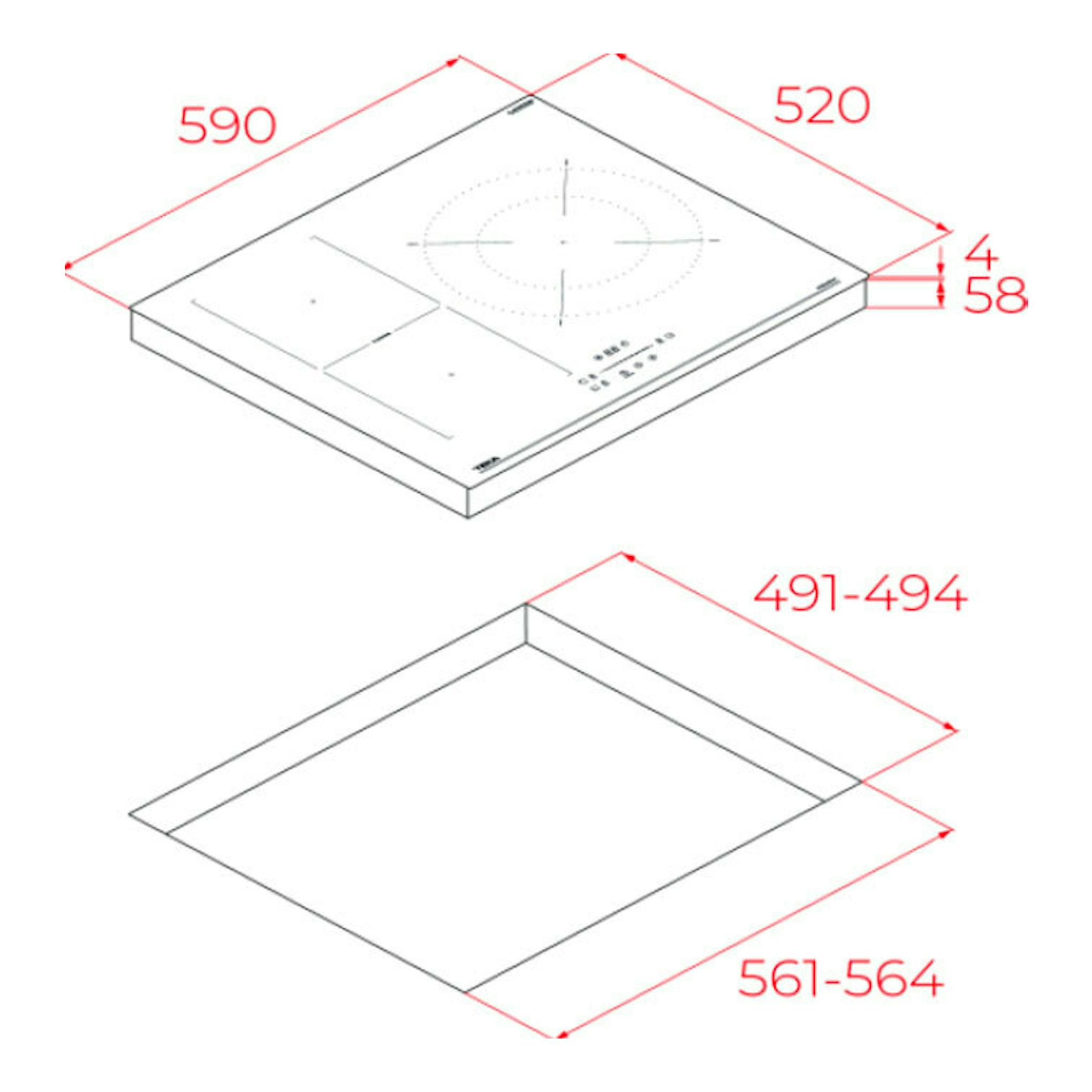 Placa de inducción Teka IBF 63210 SSM BK en vista isométrica, con medidas y hueco de encastre.