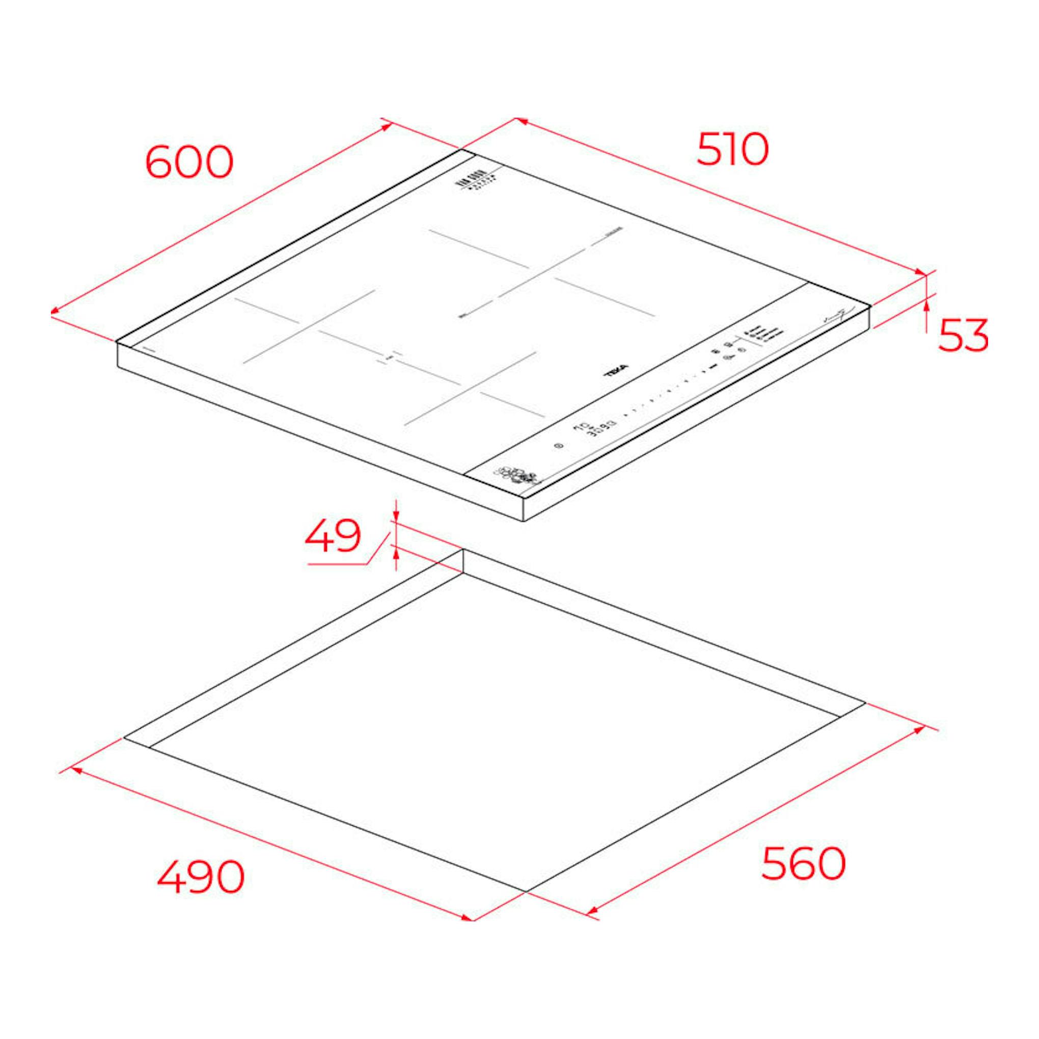 Placa de inducción Teka IBF63VGOGH en vista isométrica, con medidas y hueco de encastre en rojo.