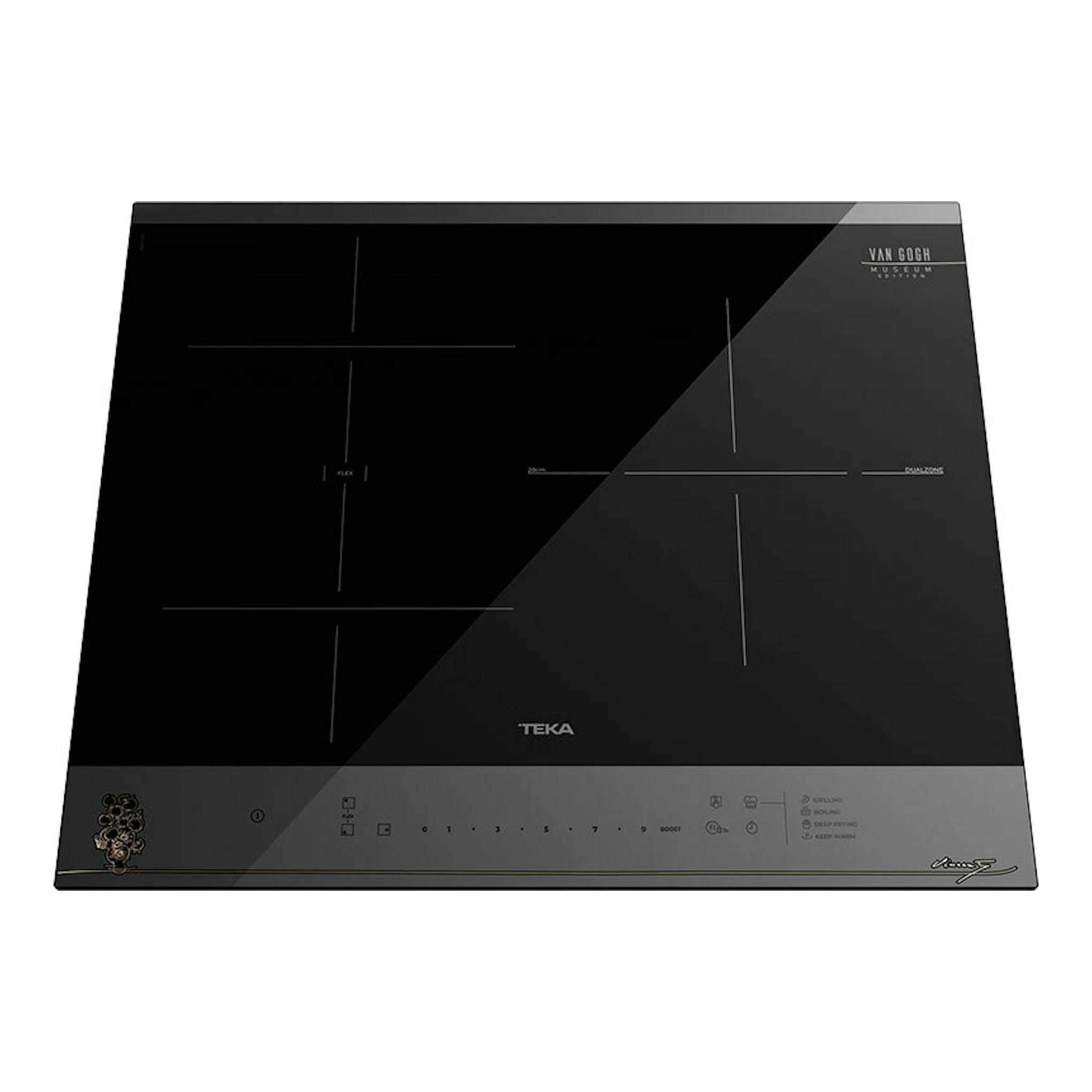 Placa de inducción Teka negra, vista frontal, con controles táctiles y logo Van Gogh Museum.