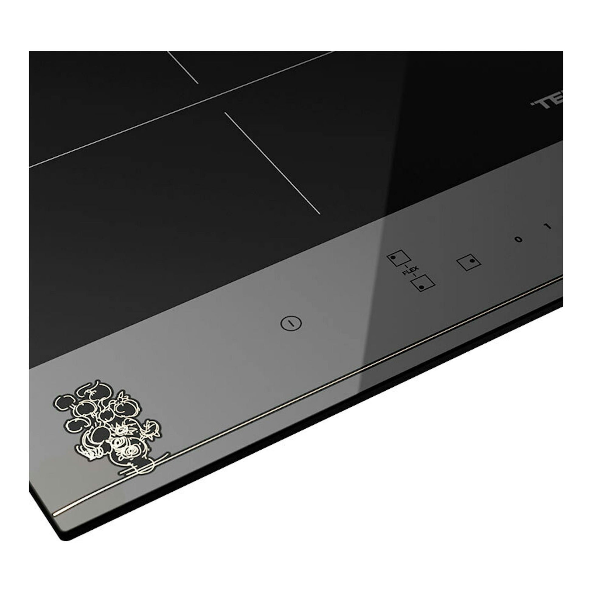 Placa de inducción Teka IBF63VGOGH negra, vista en ángulo con panel táctil y zonas marcadas.