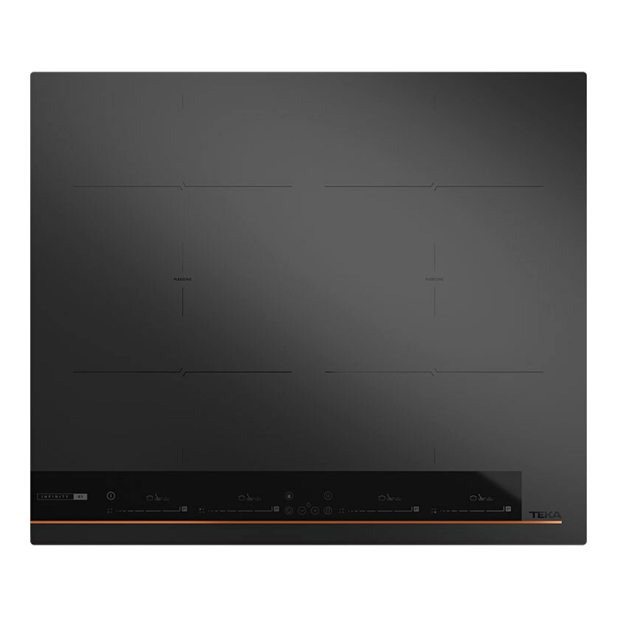 Placa de inducción Teka IBF64G1MSP BM negra, vista superior, con cuatro zonas y controles inferiores.