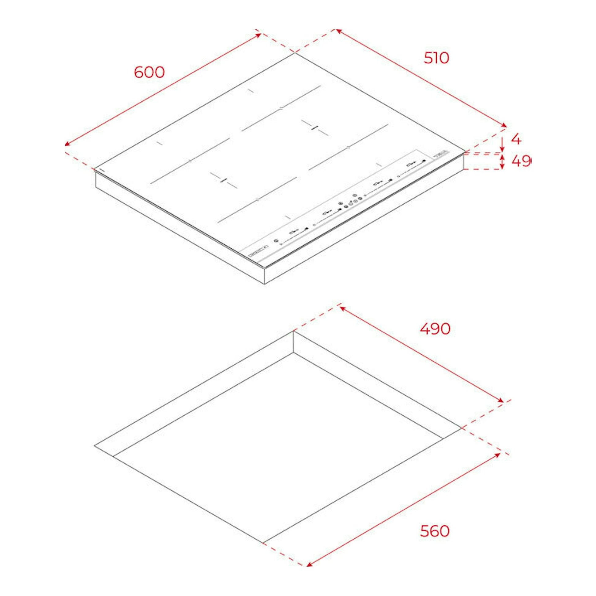 Placa de inducción Teka IBF64G1MSP BM, vista isométrica con medidas 600x510 mm y hueco 560x490 mm.