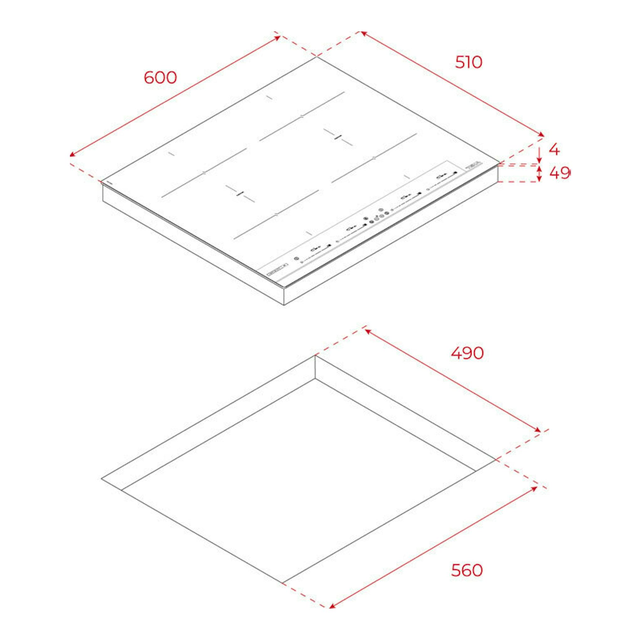 Placa de inducción Teka IBF64G1MSP BM, vista isométrica con medidas 600x510 mm y hueco 560x490 mm.