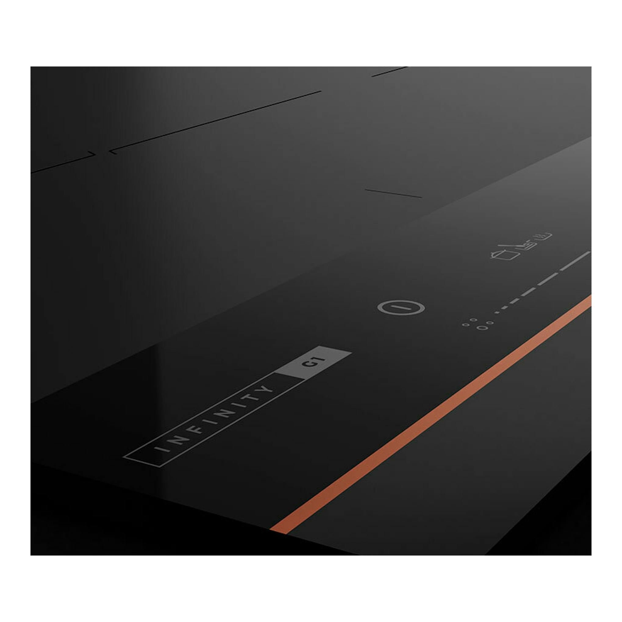 Placa de inducción Teka Infinity G1 negra, vista en ángulo, con borde naranja y controles táctiles.